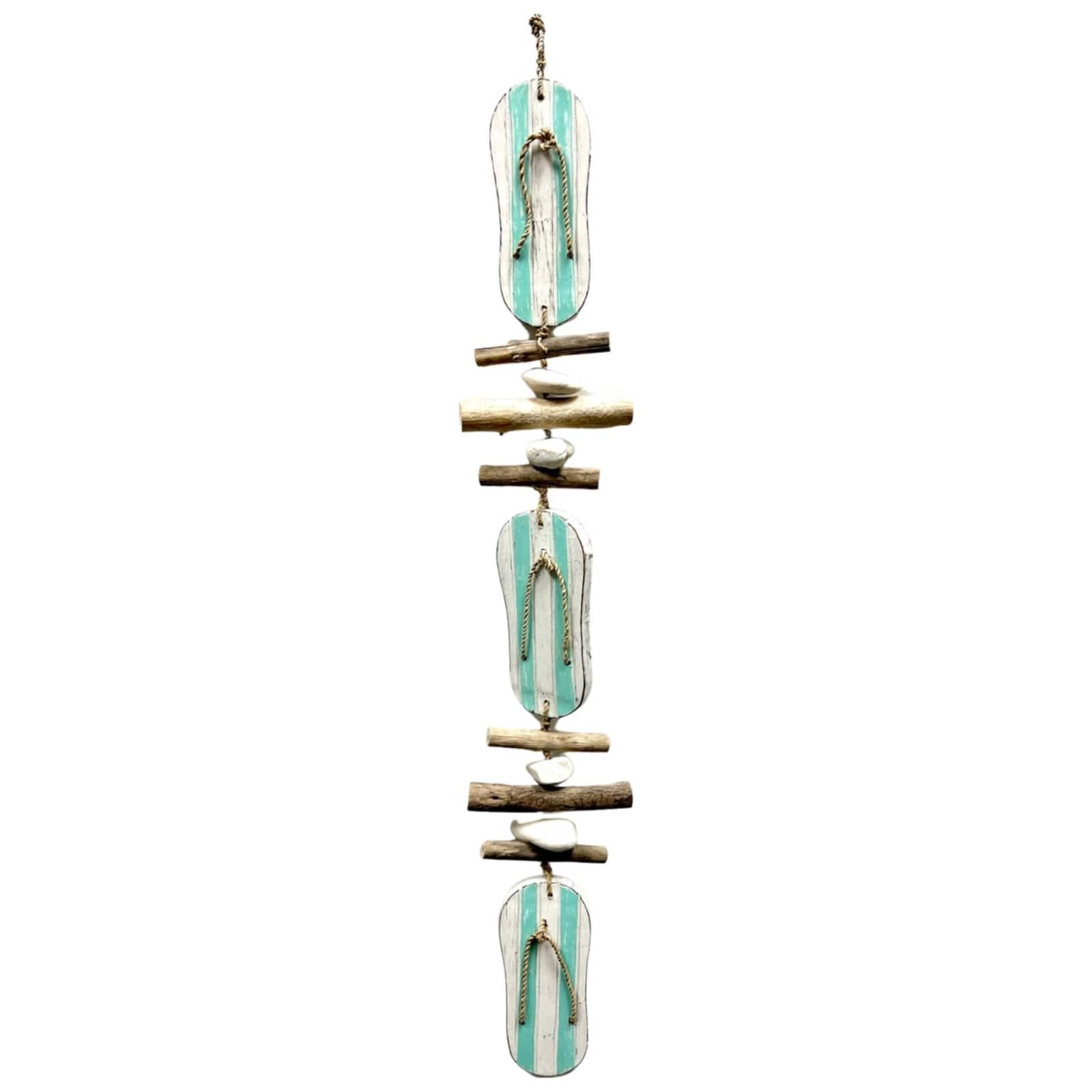 Bamboo Source Tropical Decor - Aqua Striped Flip Flop Driftwood and Stone Hanging Strand Home Beach Decoration 34 inch - Multicolor
