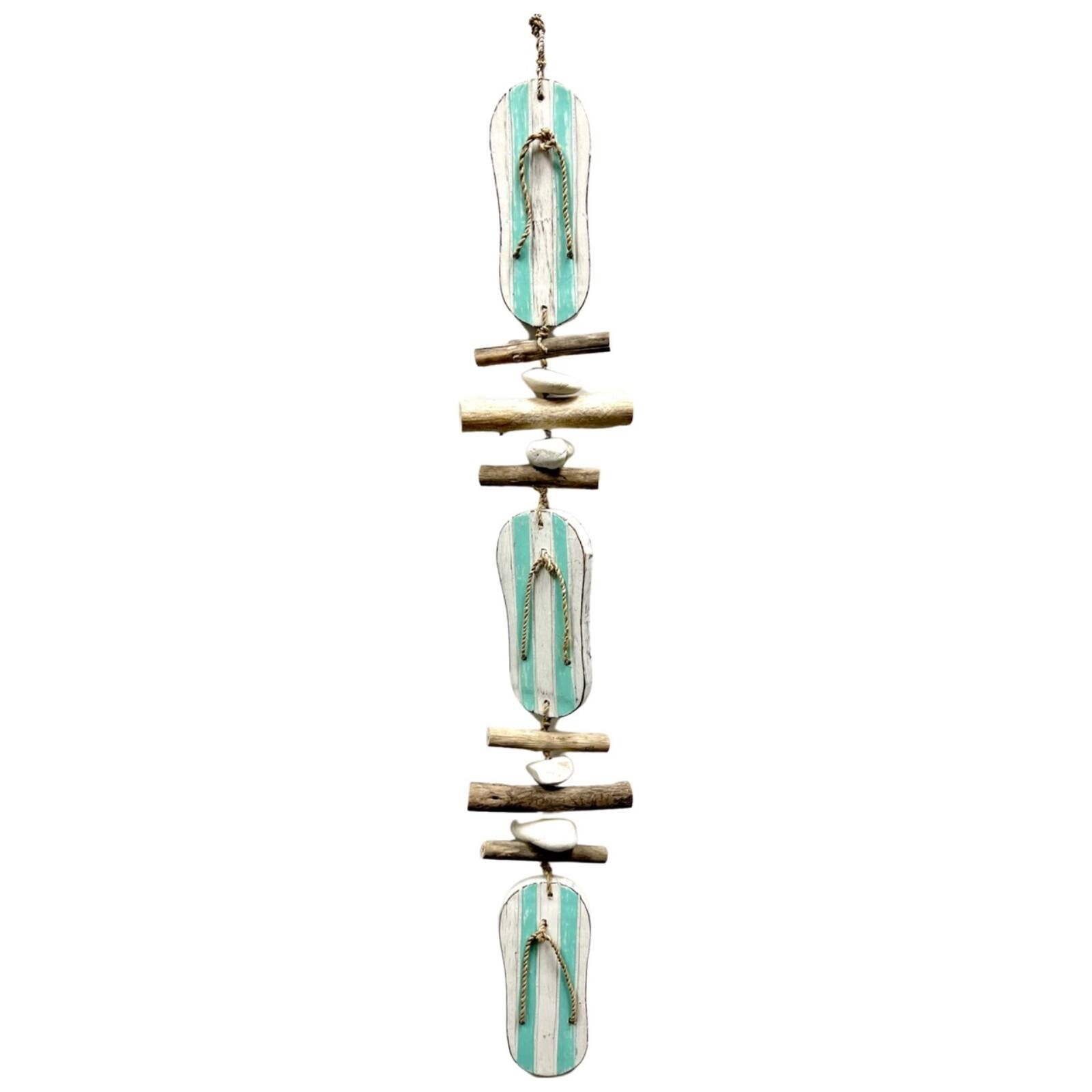 Front. Bamboo Source Tropical Decor - Aqua Striped Flip Flop Driftwood and Stone Hanging Strand Home Beach Decoration 34 inch - Multicolor.
