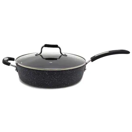 Front. THE ROCK by Starfrit - 11" Deep-Fry Pan with Lid, Bakelite Handles - Gray.