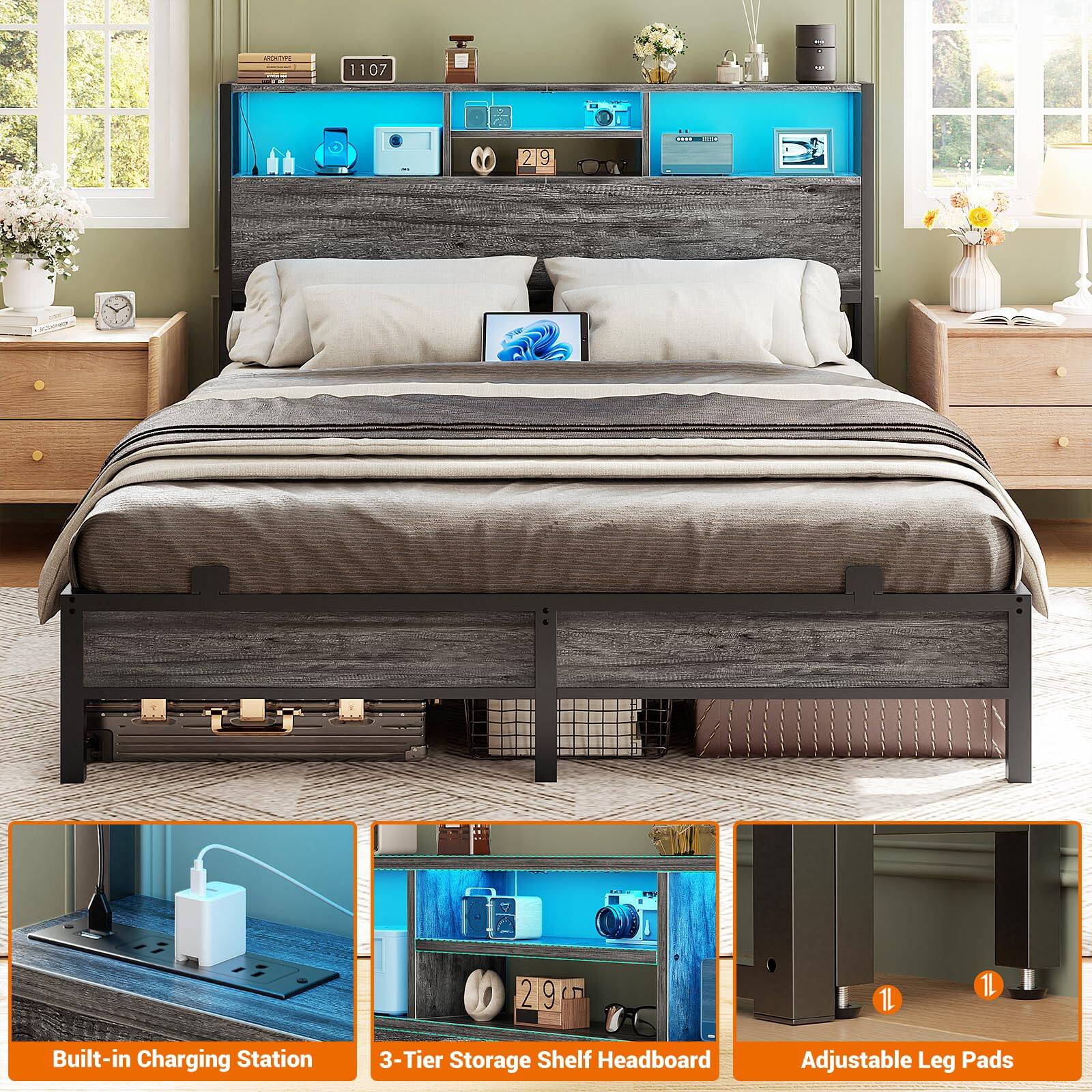 MNTET 1107 219 2 9 1 29 2 9 1L 1L Built-in Charging Station 3-Tier Storage Shelf Headboard Adjustable Leg Pads