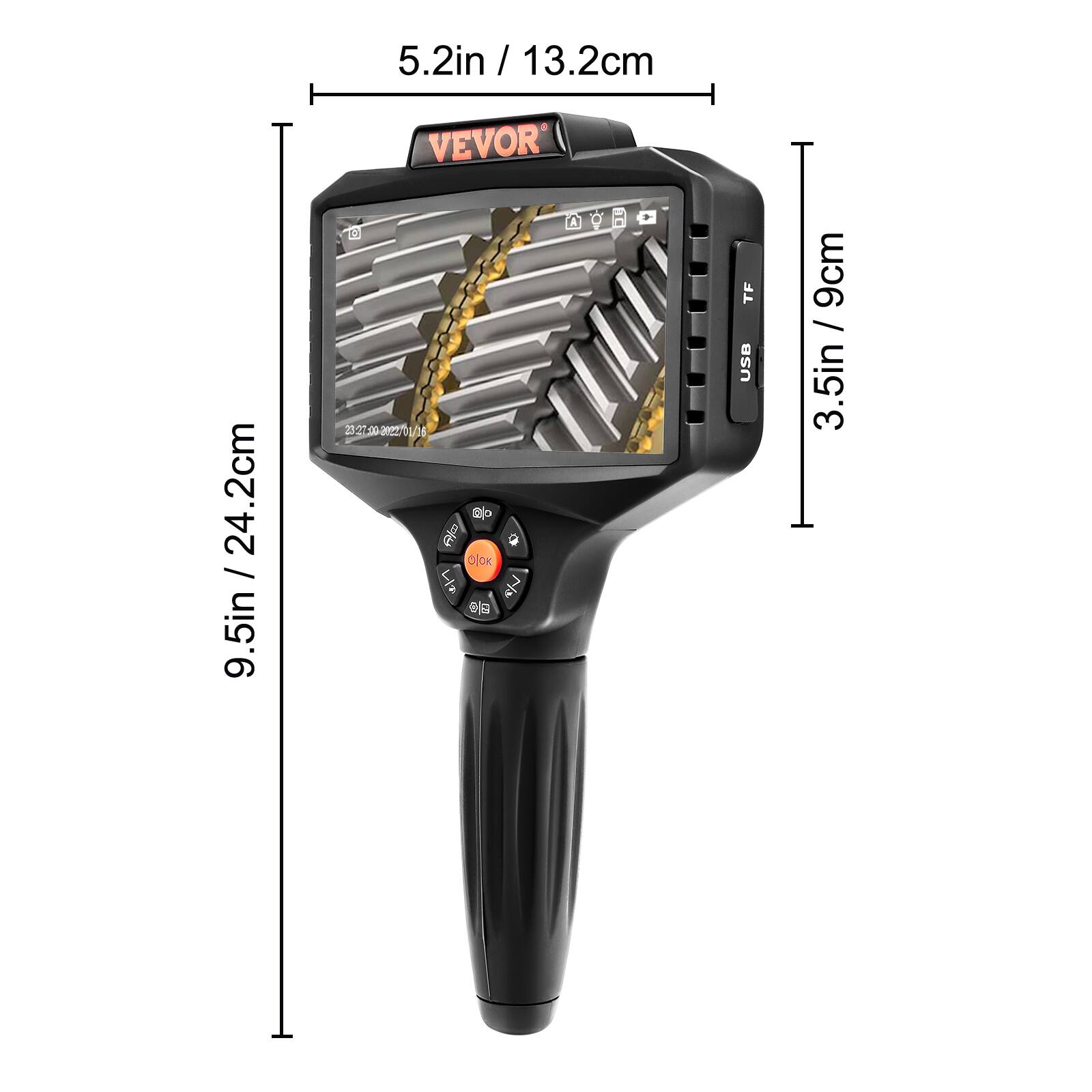 5.2in / 13.2cm  
VEVOR  
24.2cm / 9.5in  
3.5in / 9cm  
TF USB  
23-27.00-202001/16  
2320 00 2200