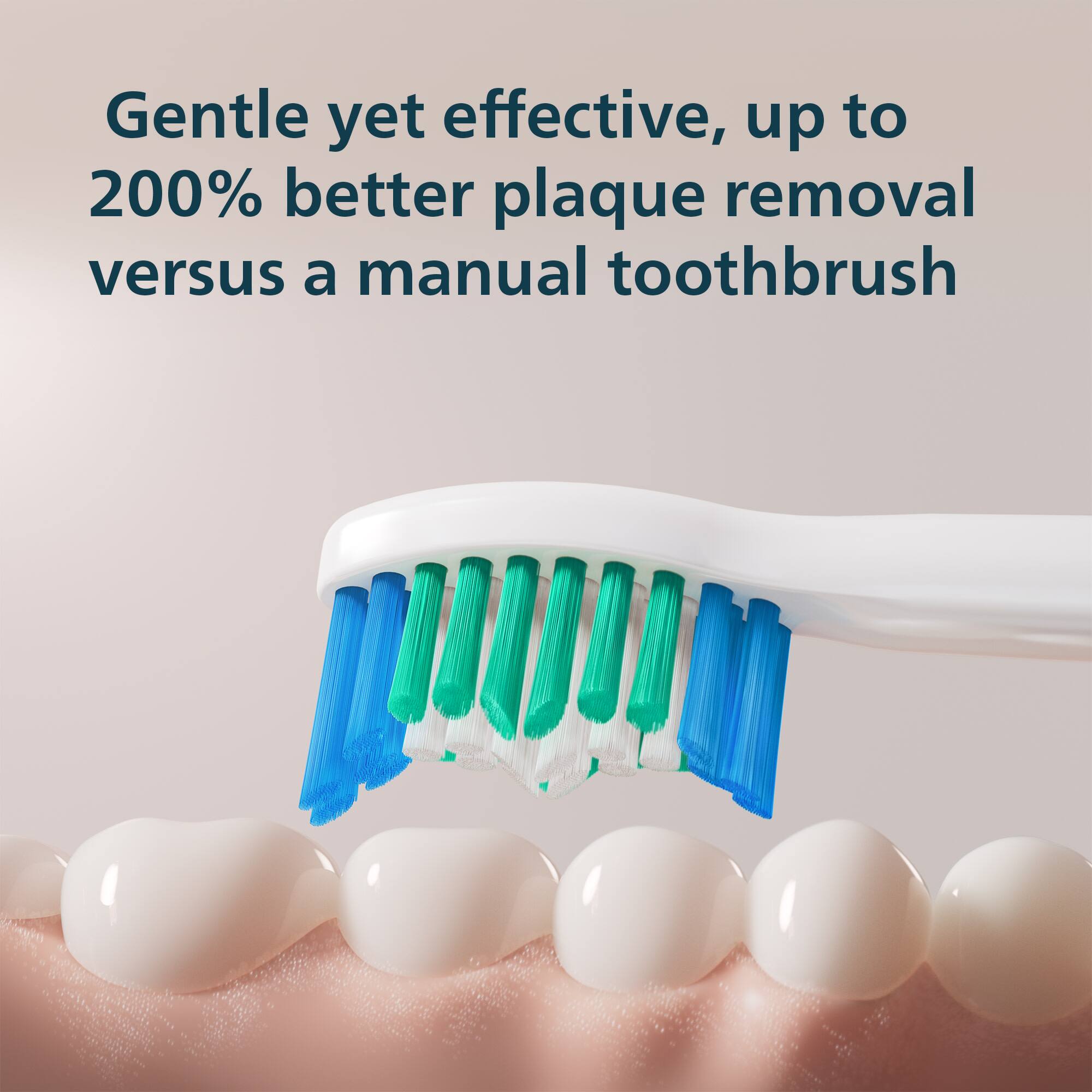 Gentle yet effective, up to 200% better plaque removal versus a manual toothbrush