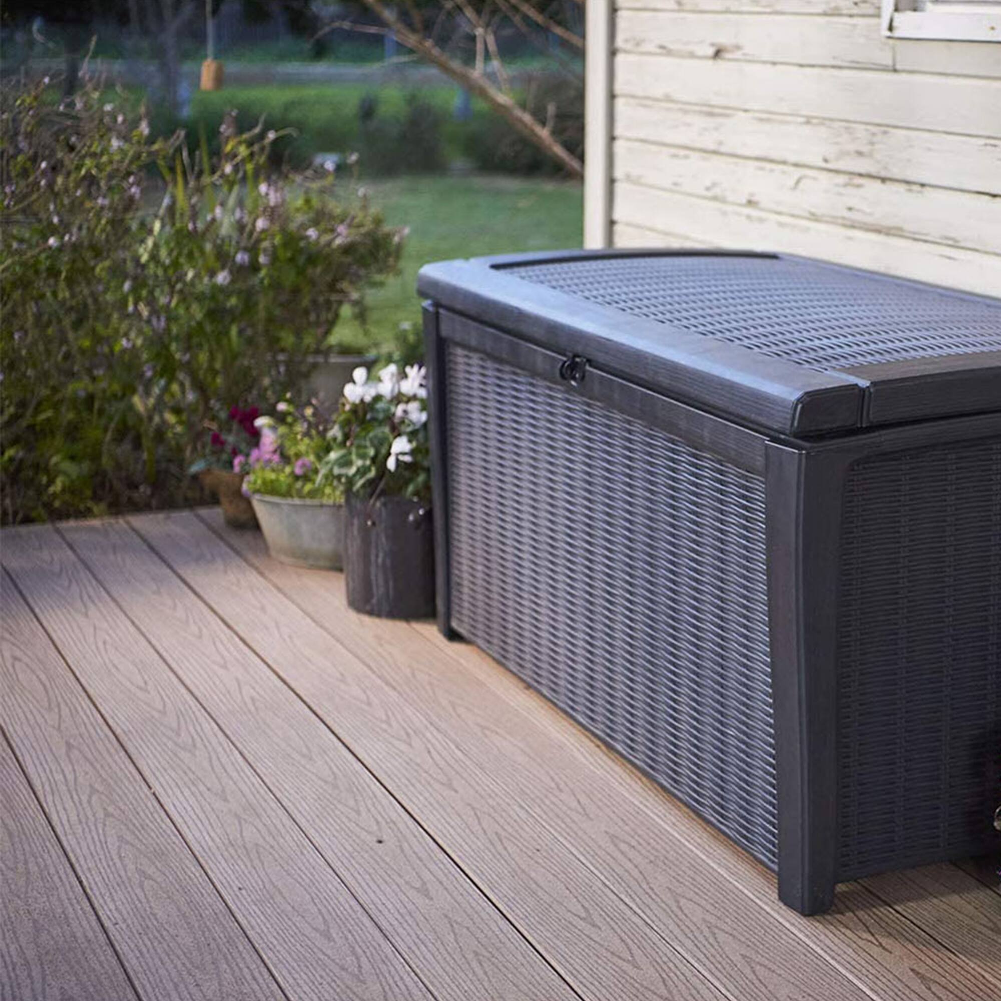 Alt View 7. Keter - Keter Borneo Rattan Wicker Resin Patio Deck Storage Box Bench, Grey (2 Pack) - Grey.