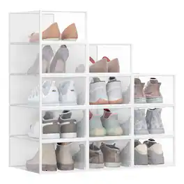 Songmics Home - Shoe Boxes, Shoe Storage Organizers Rack for Closet, Plastic Stackable Sneaker Containers Case, 12 Pack - Transparent and Cloud White