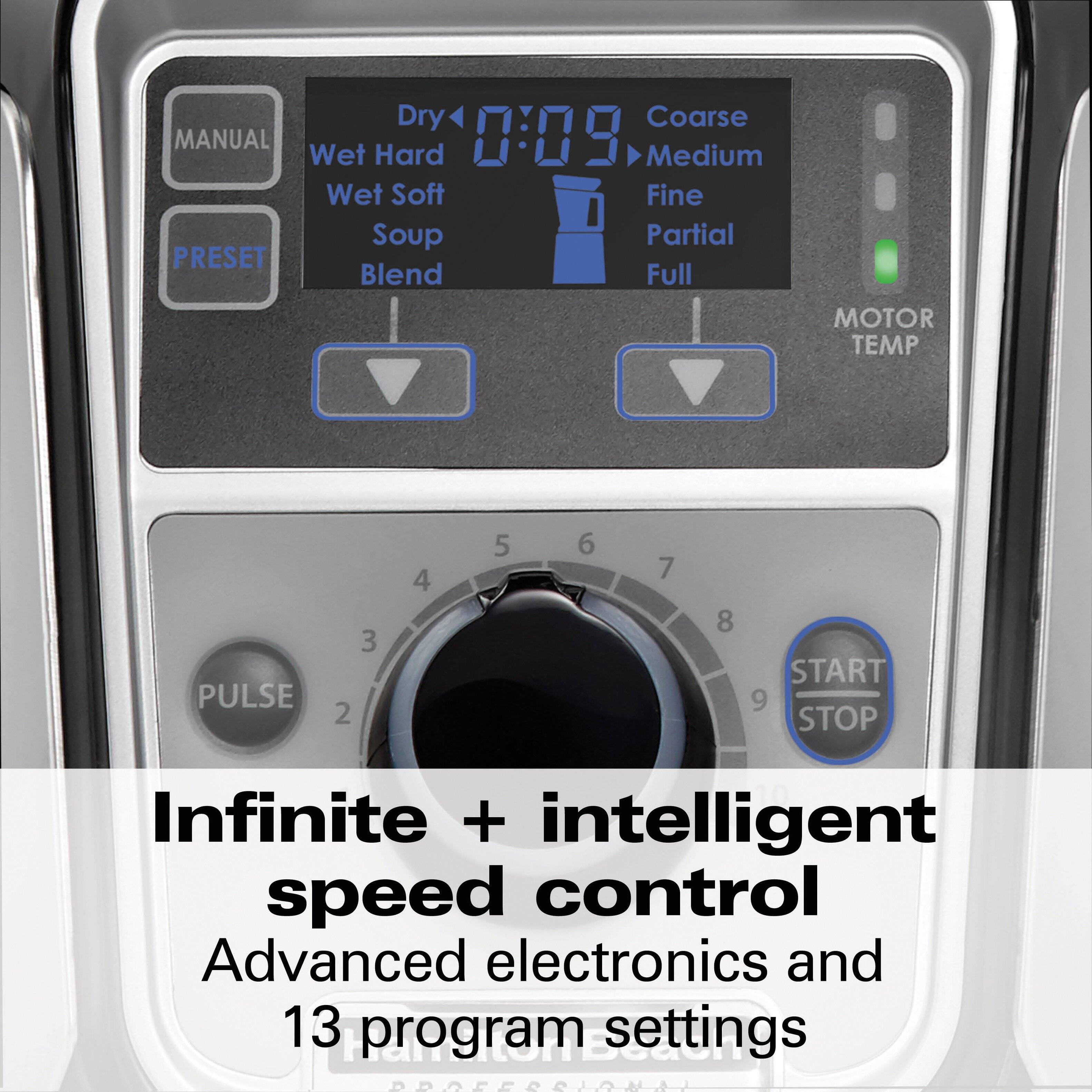 - MANUAL
- PRESET

Dry Coarse 0:09 Wet Hard Wet Soft Soup Blend

MOTOR TEMP

Coarse Medium Fine Partial Full

PULSE

START STOP

Infinite + intelligent speed control

Advanced electronics and 13 program settings