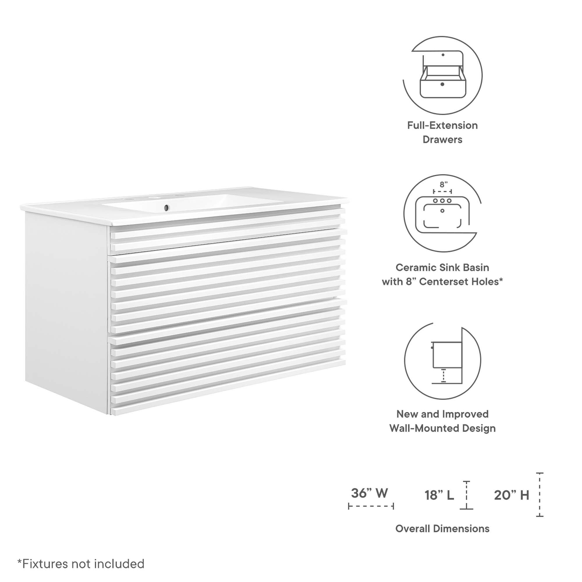 Full-Extension Drawers  
Ceramic Sink Basin with 8" Centerset Holes*  
New and Improved Wall-Mounted Design  

Overall Dimensions:  
36" W x 18" L x 20" H  

*Fixtures not included