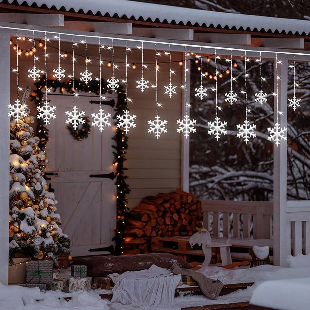 Alt View 1. MOSZAR LLC - Snowflake Curtain Lights – 288 LEDs, 24 Drops, Cool White.