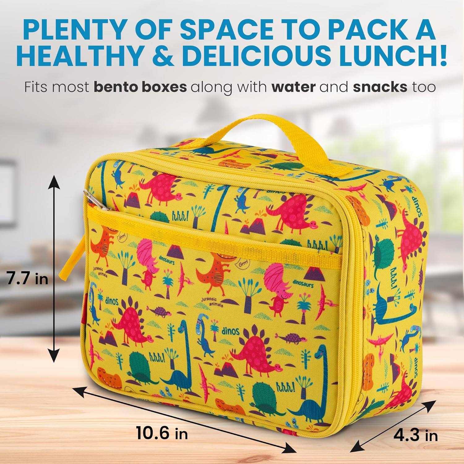 PLENTY OF SPACE TO PACK A HEALTHY & DELICIOUS LUNCH! Fits most bento boxes along with water and snacks too 7.7 in 10.6 in 4.3 in
