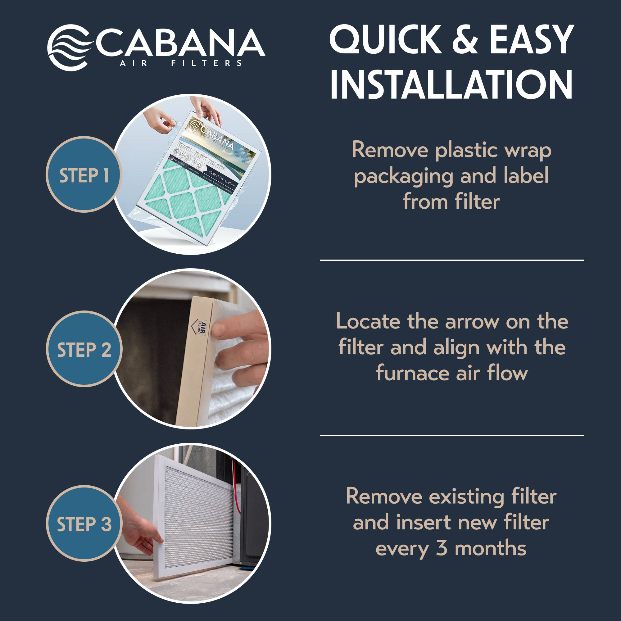 CABANA AIR FILTERS

QUICK & EASY INSTALLATION

STEP 1
Remove plastic wrap packaging and label from filter

STEP 2
Locate the arrow on the filter and align with the furnace air flow

STEP 3
Remove existing filter and insert new filter every 3 months