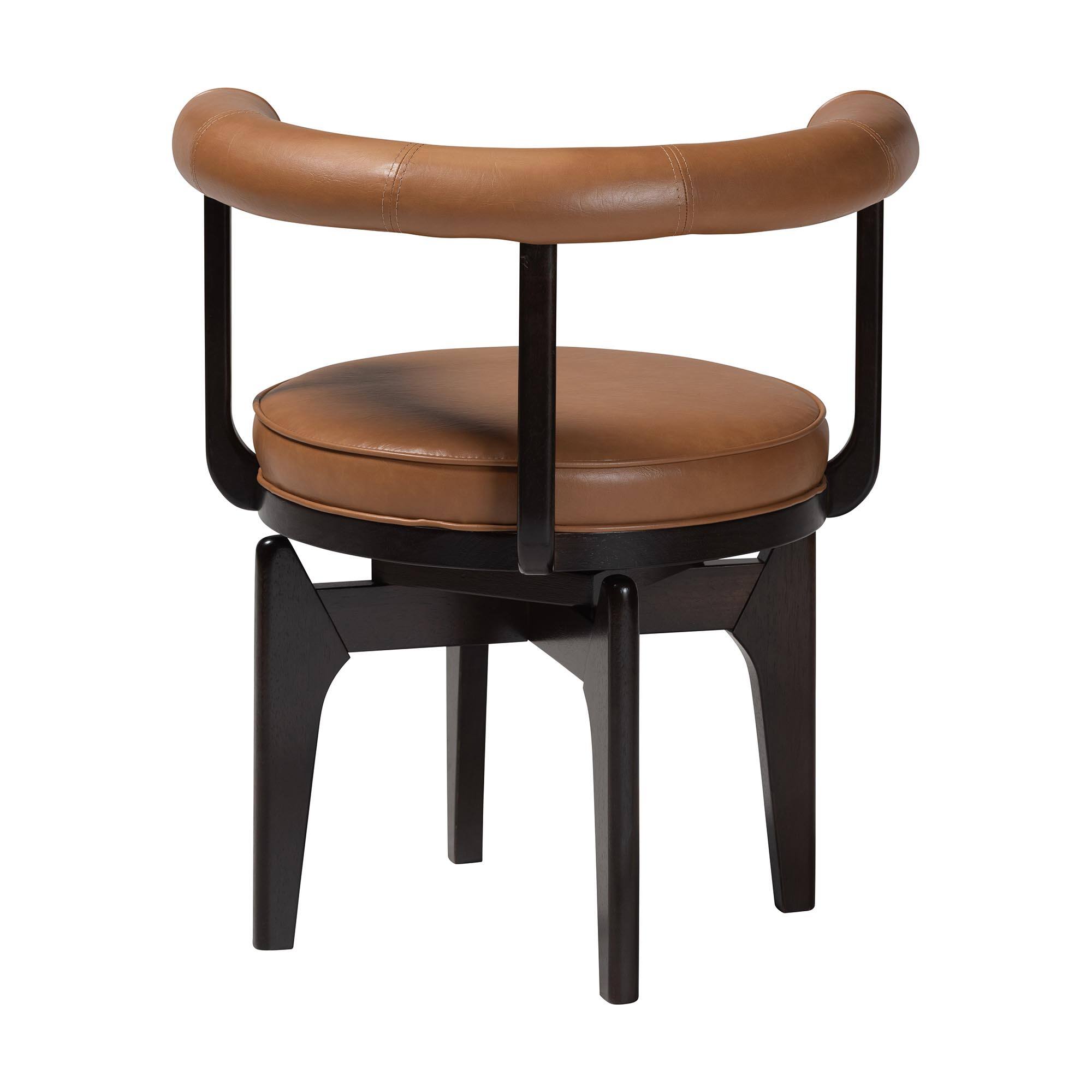 Back. Baxton Studio - Delacruz Swivel Dining Chair - Round Open Back Accent Chair with Faux Leather Upholstery, Modern Contemporary - Tan/Black.