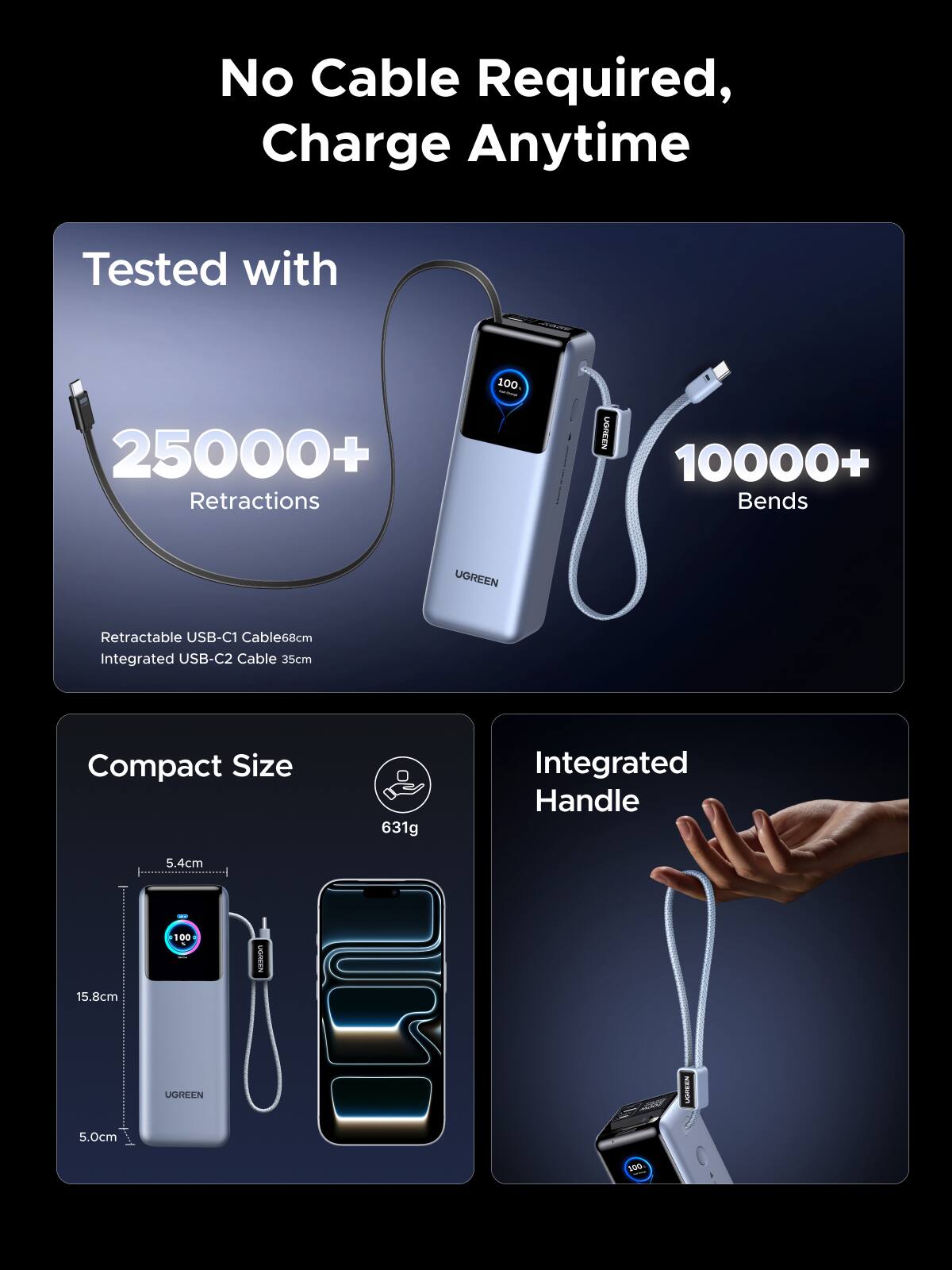 No Cable Required, Charge Anytime

Tested with  
25000+ Retractions  
10000+ Bends

Retractable USB-C1 Cable 68cm  
Integrated USB-C2 Cable 35cm

Compact Size  
631g  
5.4cm  
15.8cm  
5.0cm

Integrated Handle