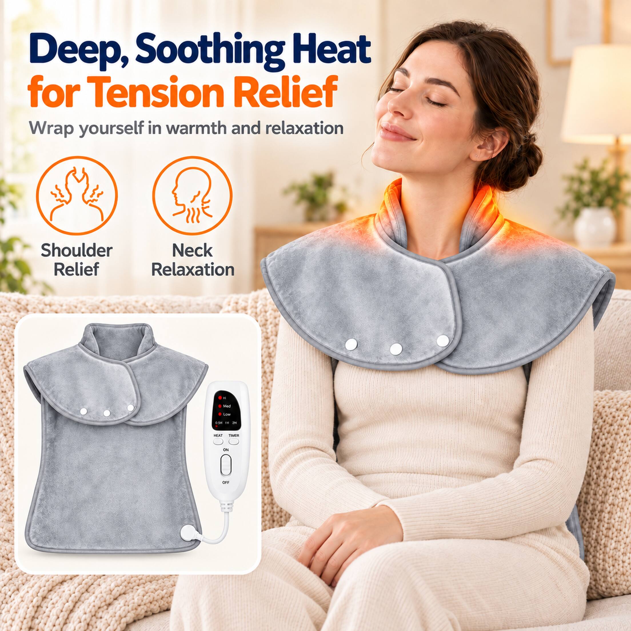 Deep, Soothing Heat for Tension Relief  
Wrap yourself in warmth and relaxation  

Shoulder Relief  
Neck Relaxation  

Heat  
ON  
OFF