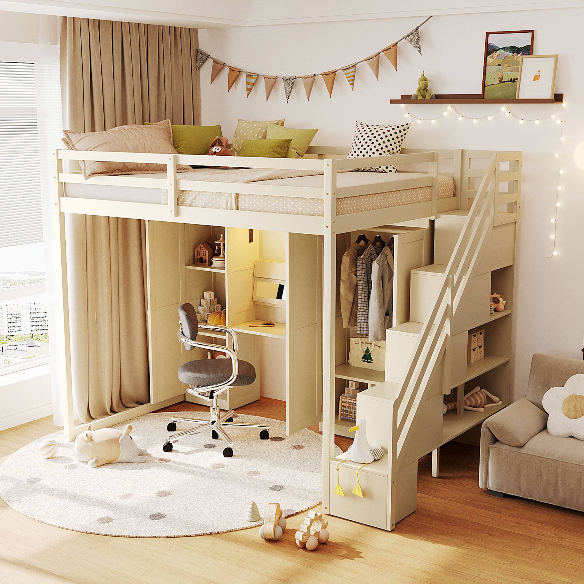 Angle. Anysun - Full Size Loft Bed with Storage Staircase - Built-In Dressing Table & Mirror, Wardrobe, USB Ports & Lights - Beige.