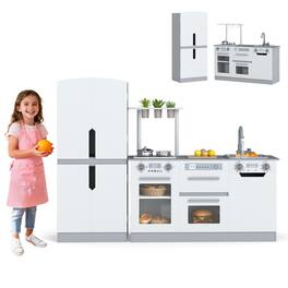 Gymax - 2 PCS Kids Kitchen Playset w/Fridge Dishwasher Microwave Oven & Accessories Grey - Gray