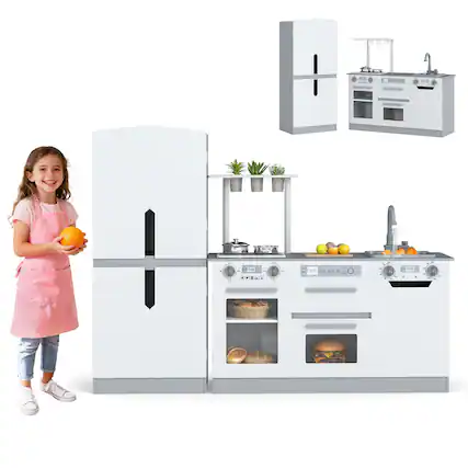 Front. Gymax - Gymax 2 PCS Kids Kitchen Playset w/Fridge Dishwasher Microwave Oven & Accessories Grey - Grey.