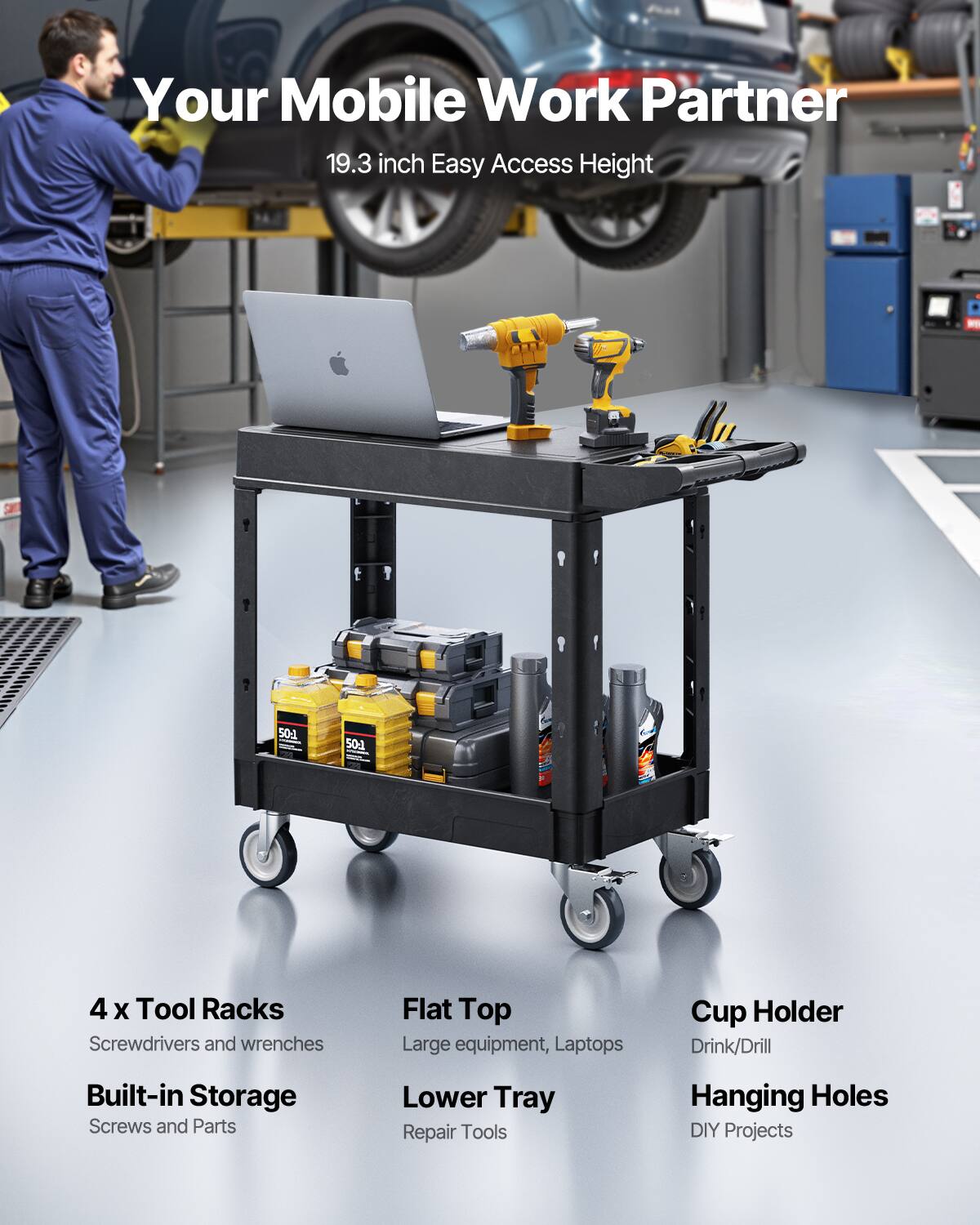 Your Mobile Work Partner 19.3 inch Easy Access Height

4 x Tool Racks - Screwdrivers and wrenches
Flat Top - Large equipment, Laptops
Cup Holder - Drink/Drill
Built-in Storage - Screws and Parts
Lower Tray - Repair Tools
Hanging Holes - DIY Projects