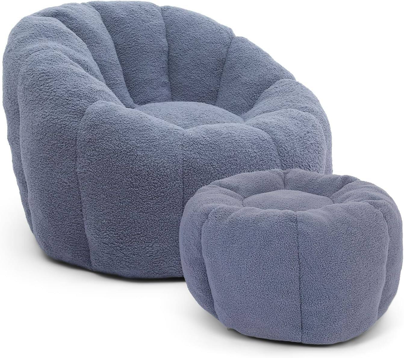 Alt View 5. Trinkets Crazed - Tufted Teddy Plush Bean Bag Chair & Footrest Ottoman, Oversized Comfy Lounge Sofa - light blue.