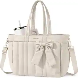 mosiso - Puffer Tote Bag for Women 17-17.3 inch Laptop Bag with Cup Holder Lightweight Shoulder Bag for Travel Work School Gym - Beige