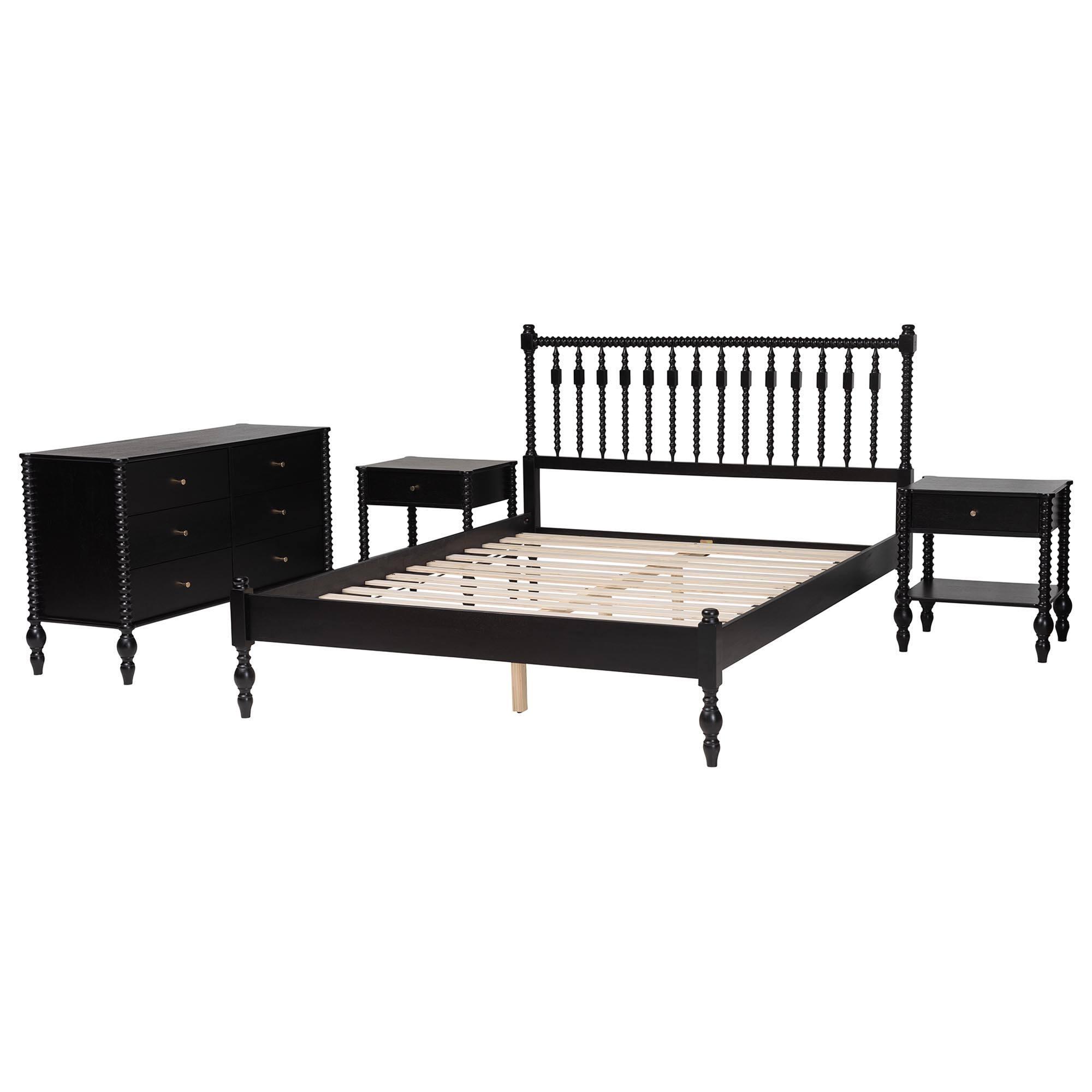 Angle. Baxton Studio - Denita Spindle 4-Piece Bedroom Set - Farmhouse Platform Bed with Matching Dresser and 1-Drawer Nightstands, Full - Black.