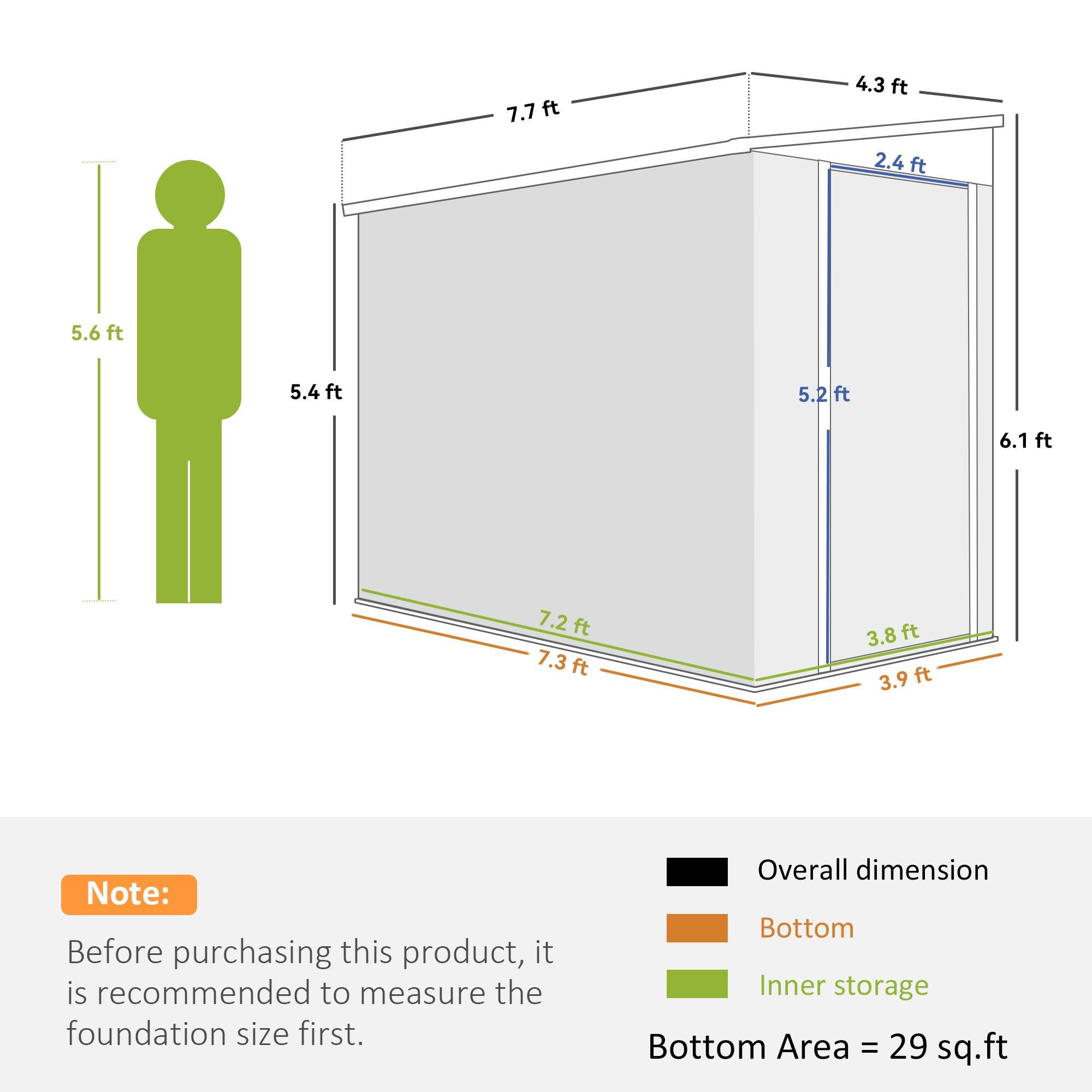 7.7 ft, 4.3 ft, 2.4 ft, 5.6 ft, 5.4 ft, 5.2 ft, 6.1 ft, 7.2 ft, 7.3 ft, 3.8 ft, 3.9 ft

Note: Before purchasing this product, it is recommended to measure the foundation size first.

Overall dimension
Bottom
Inner storage

Bottom Area = 29 sq.ft