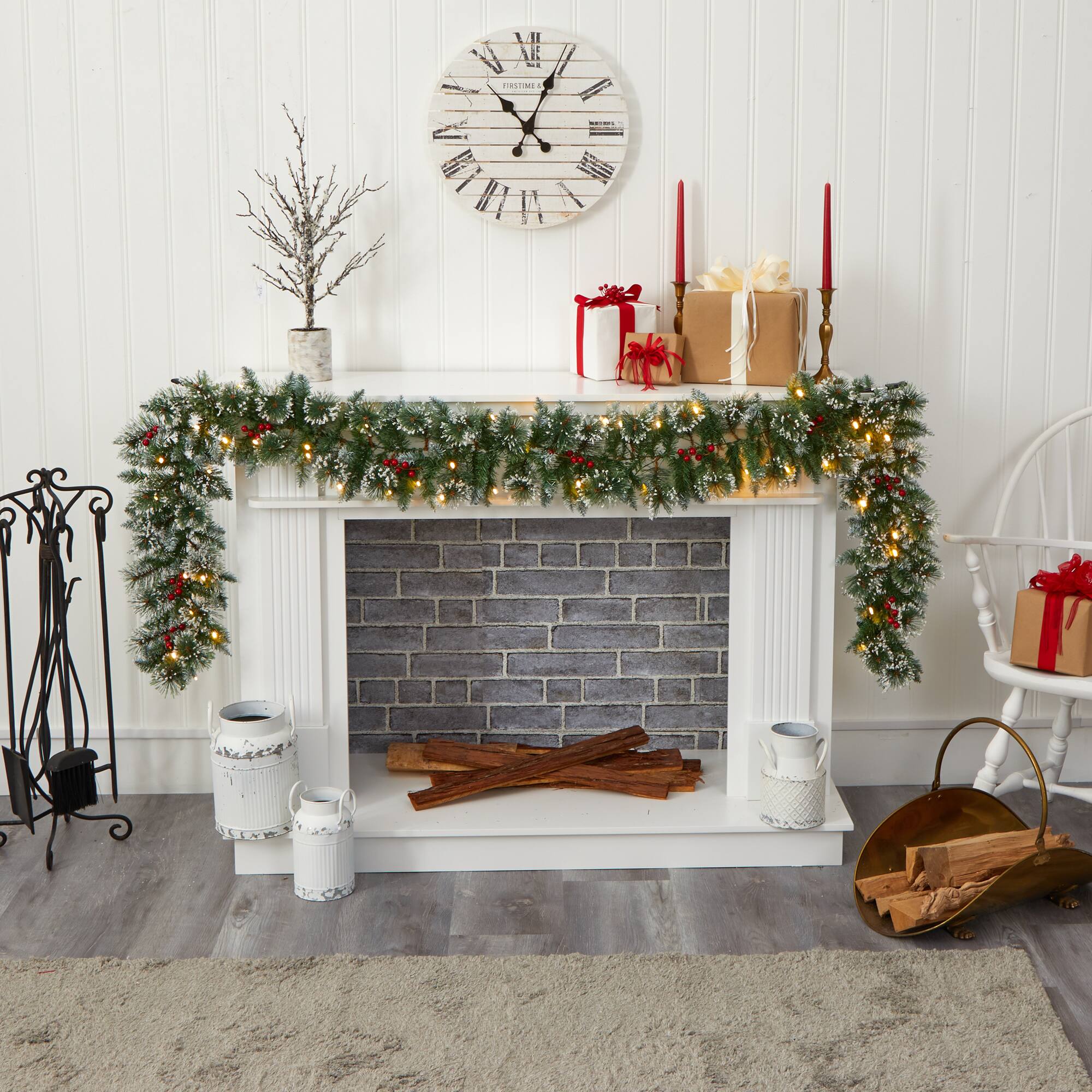 Back. BreeBe - 9’ Frosted Swiss Pine Garland with 50 Clear LEDs and Berries - Green.