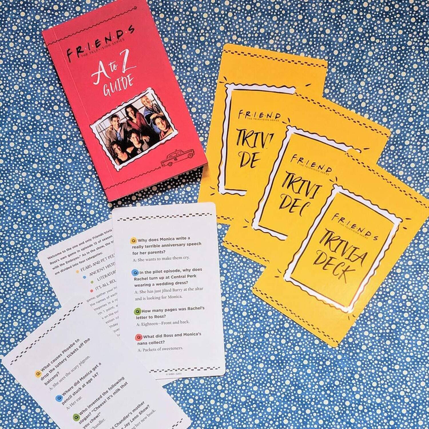 **FRIENDS A to Z GUIDE**

**FRIENDS TRIVIA DECK**

**FRIENDS TRIVIA DECK**

**FRIENDS TRIVIA DECK**

---

**Welcome to the in-depth, all-encompassing, and only Friends trivia deck!**

**FRIENDS**  
**THE TV SERIES**

**A to Z GUIDE**

**FRIENDS**  
**TRIVIA DECK**

**FRIENDS**  
**TRIVIA DECK**

**FRIENDS**  
**TRIVIA DECK**

---

**Why does Monica write a really terrible anniversary speech for her parents?**  
A. She wants to make them cry.

**In the pilot episode, why does Rachel turn up at Central Park wearing a wedding dress?**  
A. She has just jilted Barry at the altar and is looking for Monica.

**How many pages was Rachel's letter to Ross?**  
A. Eighteen - Front and back.

**What did Ross and Monica's nana Phoebe collect?**  
A. Packets of sweeteners.

**What causes Monica to get dropped off the balcony?**  
A. She was looking for the milk pencil.

**Who is Chandler's handler?
