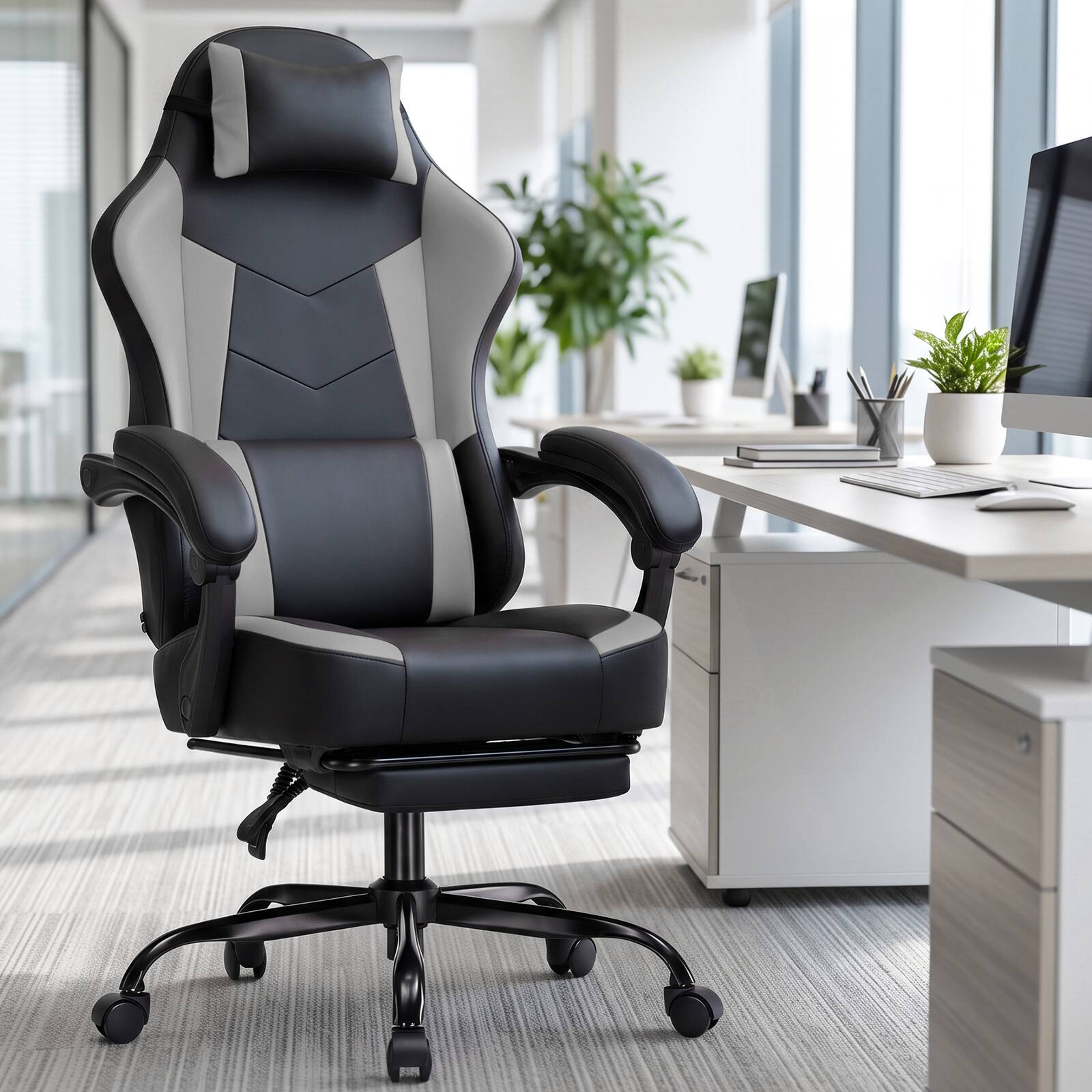 Alt View 4. GTPlayer - Racing Style Gaming Chair with Footrest High Back Ergonomic Computer Chair with Linkage Armrests - Gray.