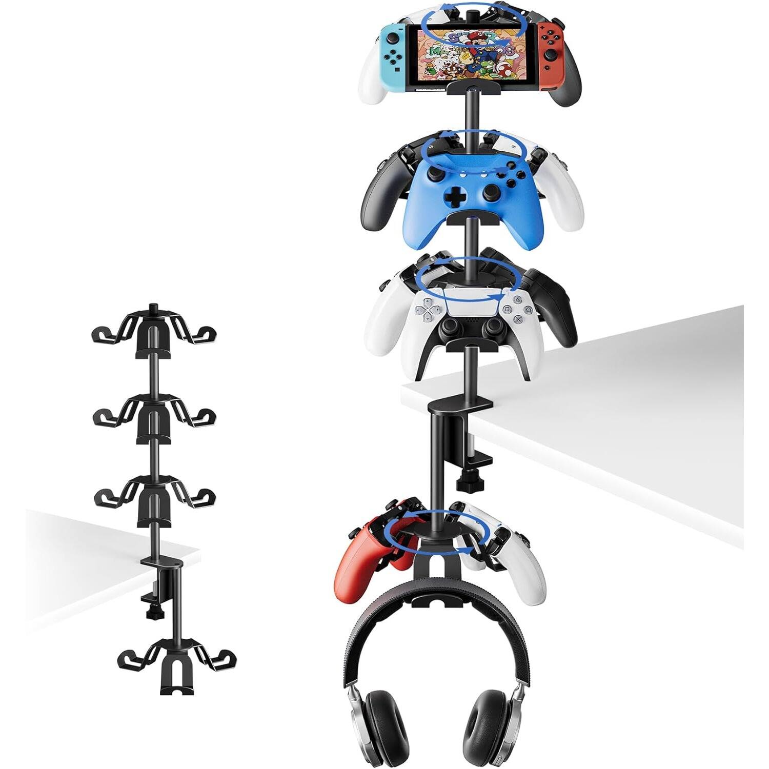 Front. PARKER SLATER - 4-Tier Rotatable Under Desk Controller & Headset Holder, Aluminum Clamp Mount for Xbox, PS5, Switch, PS4.