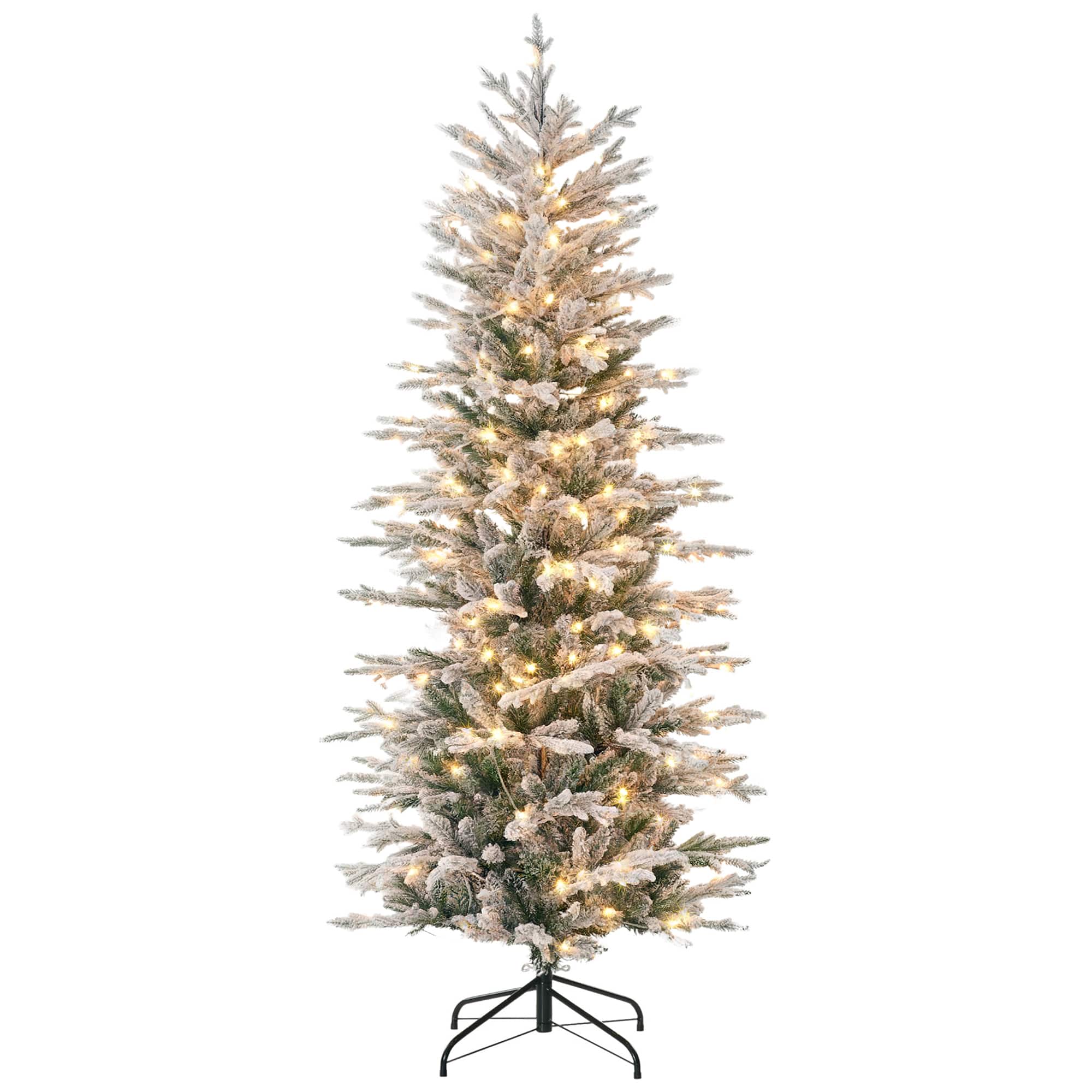 Homcom - 6ft Prelit Artificial Christmas Tree, 636 Snow Flocked Branches 250 Yellow Lights - Green