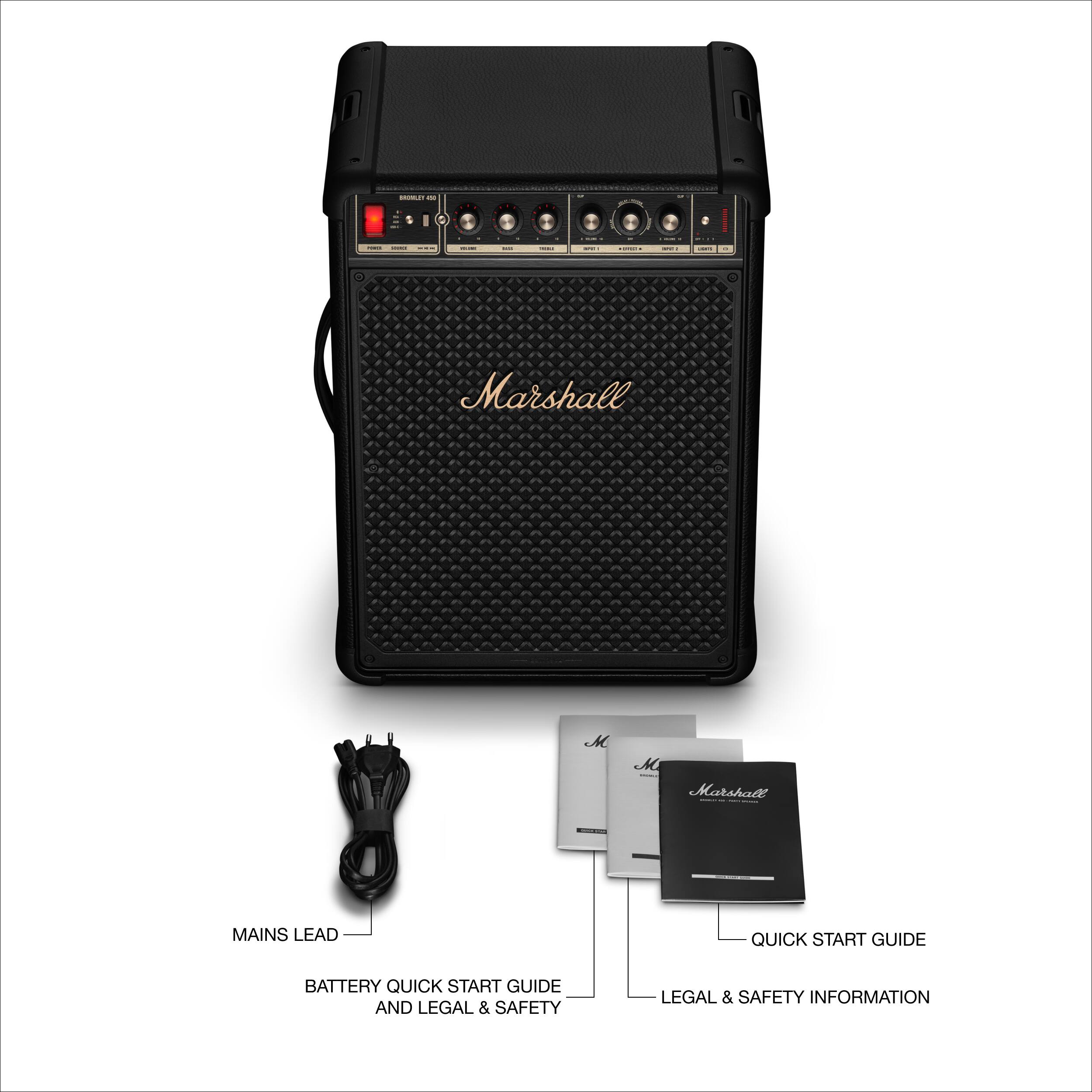- Marshall M M - Marshate
- MAINS LEAD
- QUICK START GUIDE
- BATTERY QUICK START GUIDE
- AND LEGAL & SAFETY INFORMATION