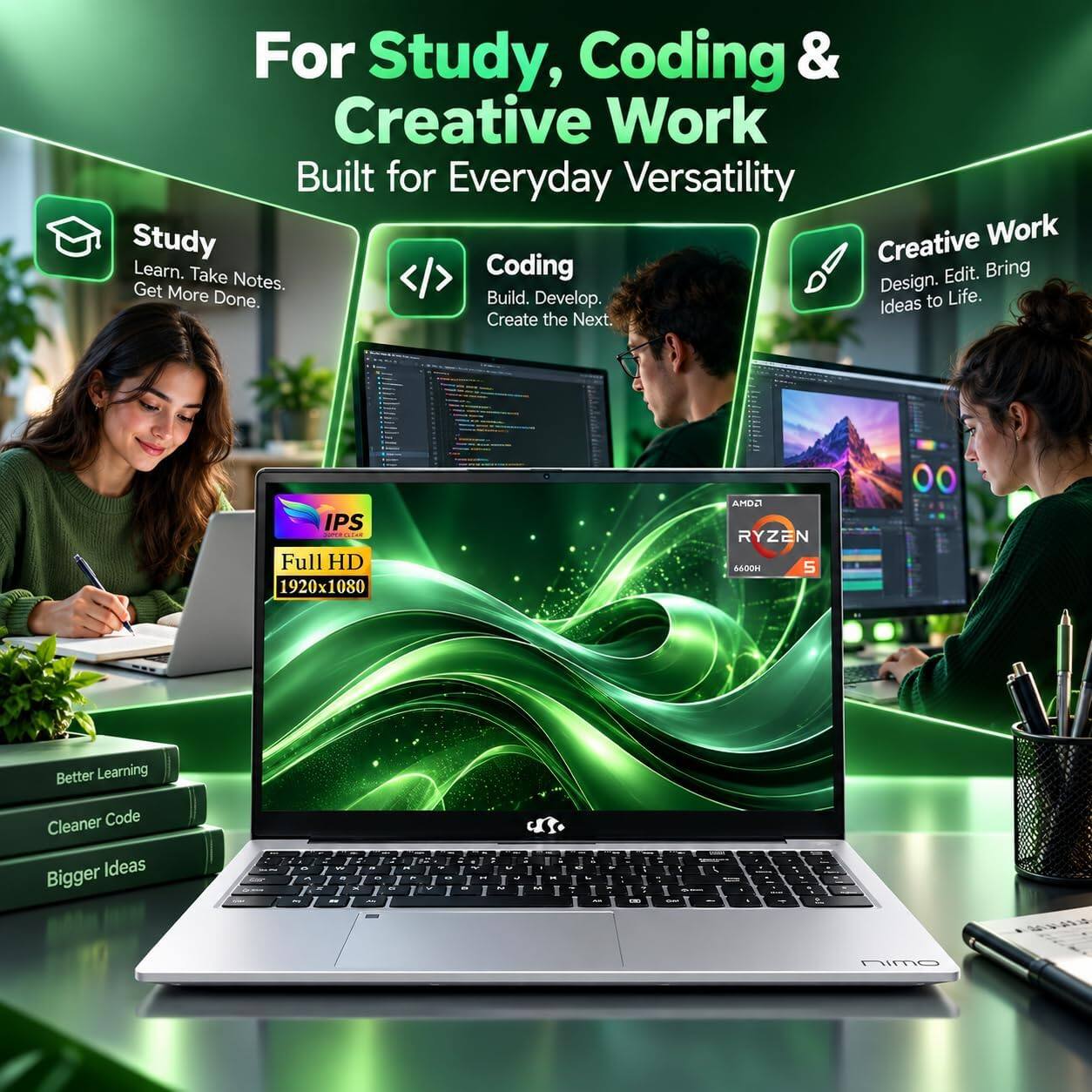 For Study, Coding & Creative Work  
Built for Everyday Versatility  

Study  
Learn. Take Notes. Get More Done.  

Coding  
Build. Develop. Create the Next.  

Creative Work  
Design. Edit. Bring Ideas to Life.  

IPS STAR Full HD 1920x1080  
AMD RYZEN 6600H 5  

Better Learning  
Cleaner Code  
Bigger Ideas