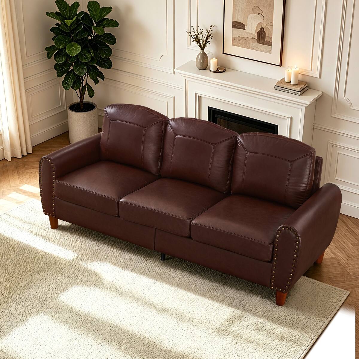 Left. Ropilly - Ropilly 81.5 Inch Faux Leather Sofa, Burgundy 3 Seat Rolled Arm Couch with Solid Wood Legs - Burgundy.