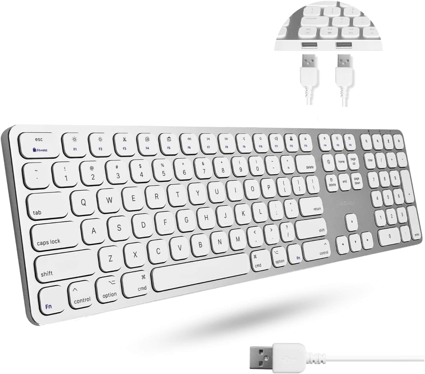 Macally - Premium Wired Mac Keyboard with 2 Port Hub - Full Size with Numeric Keypad - Aluminum - Silver