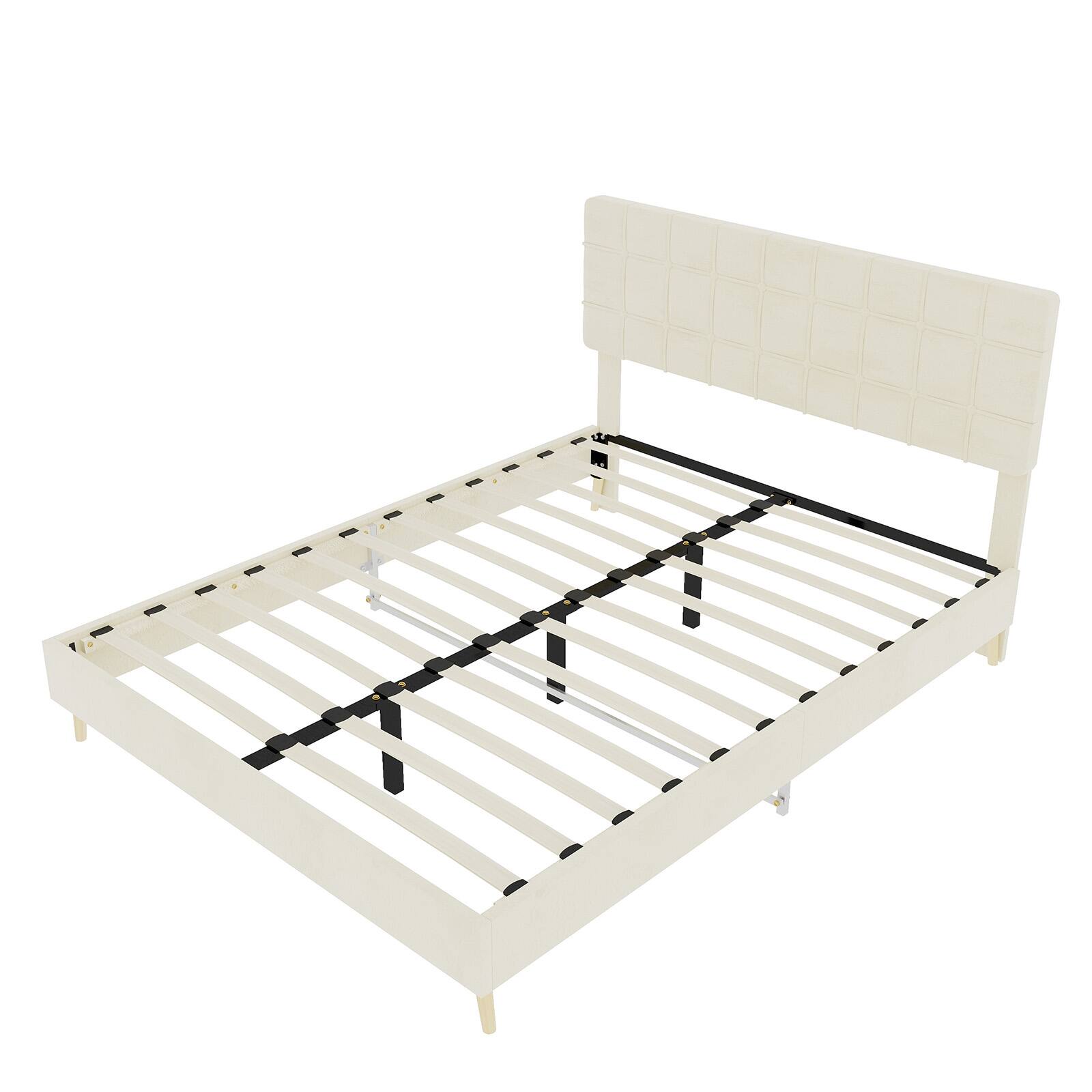 Left. Loheer - Loheer Beige Upholstered Queen Bed Frame with Soft Padded Headboard Modern Minimalist Bedroom Furniture - Beige.