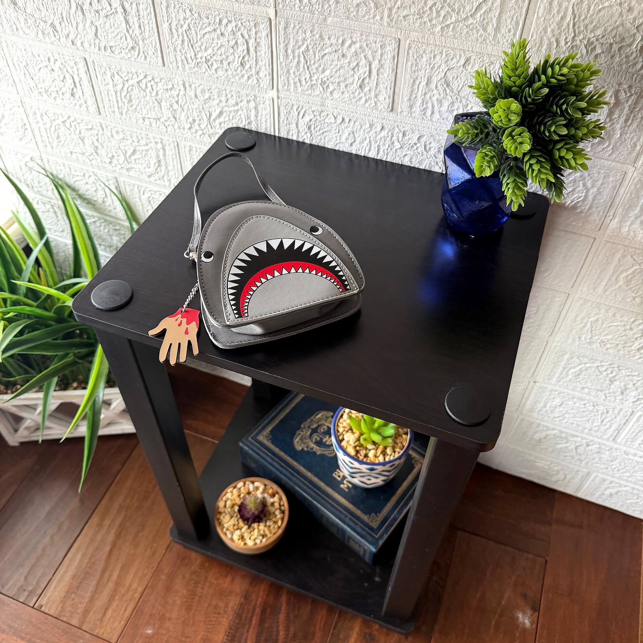 Alt View 4. Things2Die4 - Shark Wristlet Handbag Halloween Grey Vinyl Coin Purse with Hand Charm Zipper - Grey.