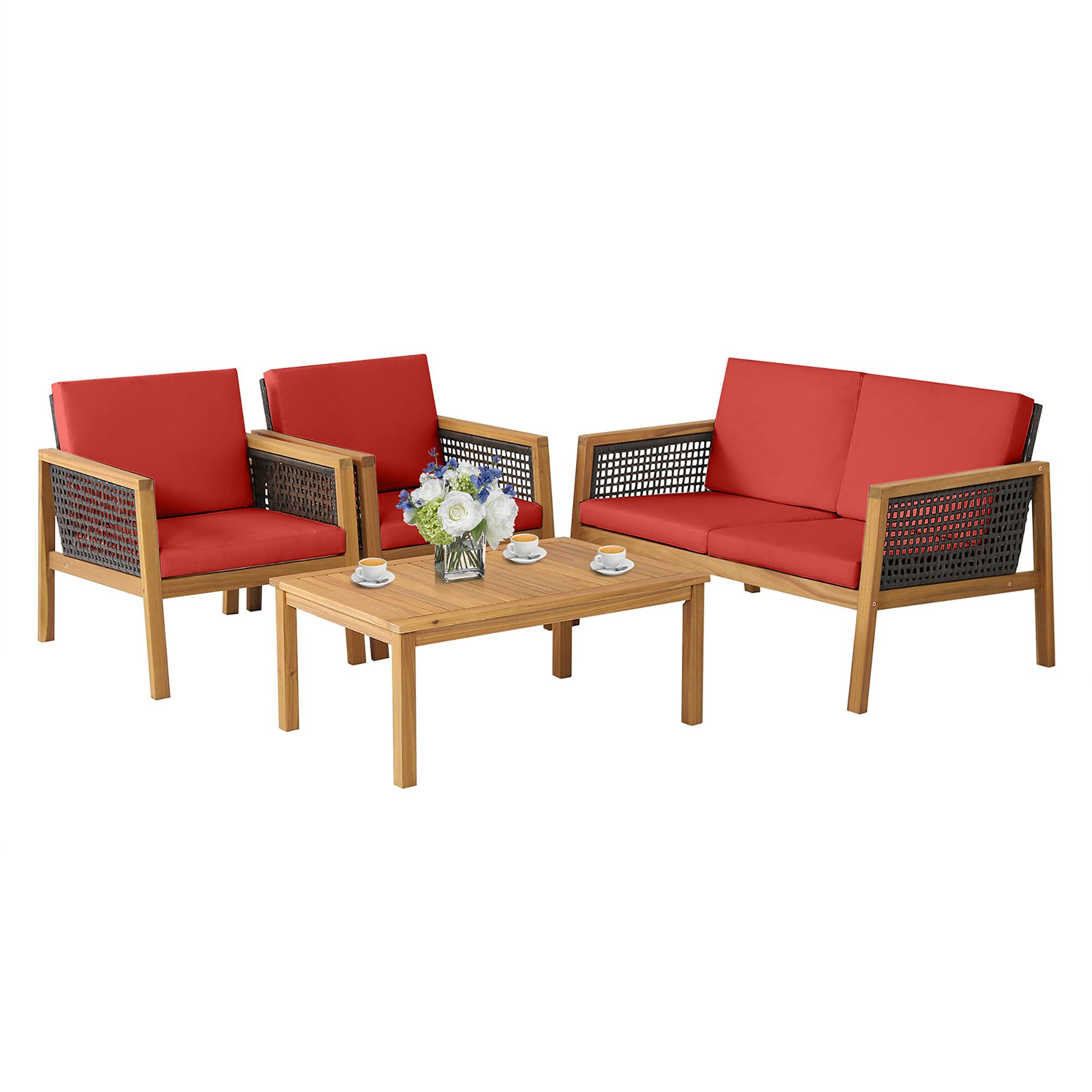 Costway - 4PCS Patio Rattan Furniture Set Acacia Wood Cushioned Sofa - Mix Brown,Red price history on PriceWatchPro