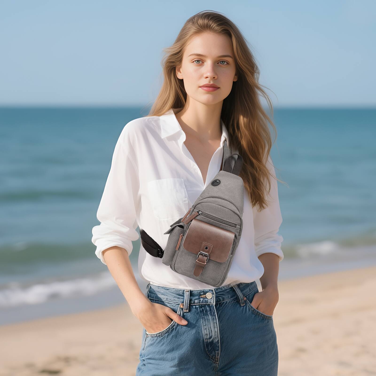 Alt View 1. Unique Bargains - Canvas Sling Bag Crossbody Backpack Vintage Shoulder Bag W/Leather Accents for Outdoor Cycling Hiking Travel - Grey.