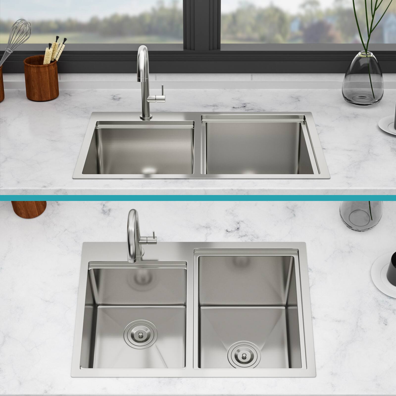 Back. Siljoy - Outdoor Double Bowl Drop-In Stainless Steel Sink with Workstation - Brushed Nickel.