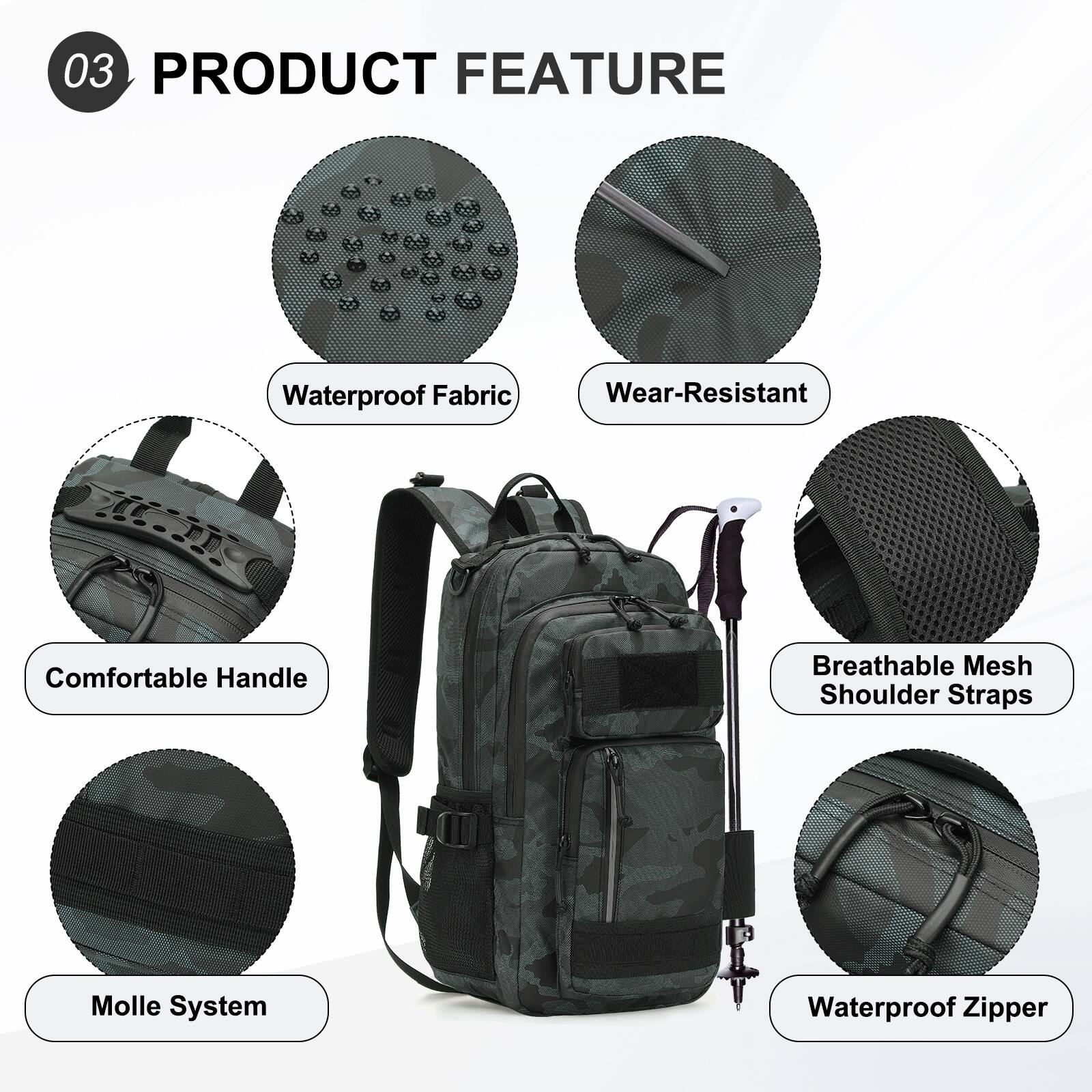 03 PRODUCT FEATURE

- Waterproof Fabric
- Wear-Resistant
- Comfortable Handle
- Breathable Mesh Shoulder Straps
- Molle System
- Waterproof Zipper