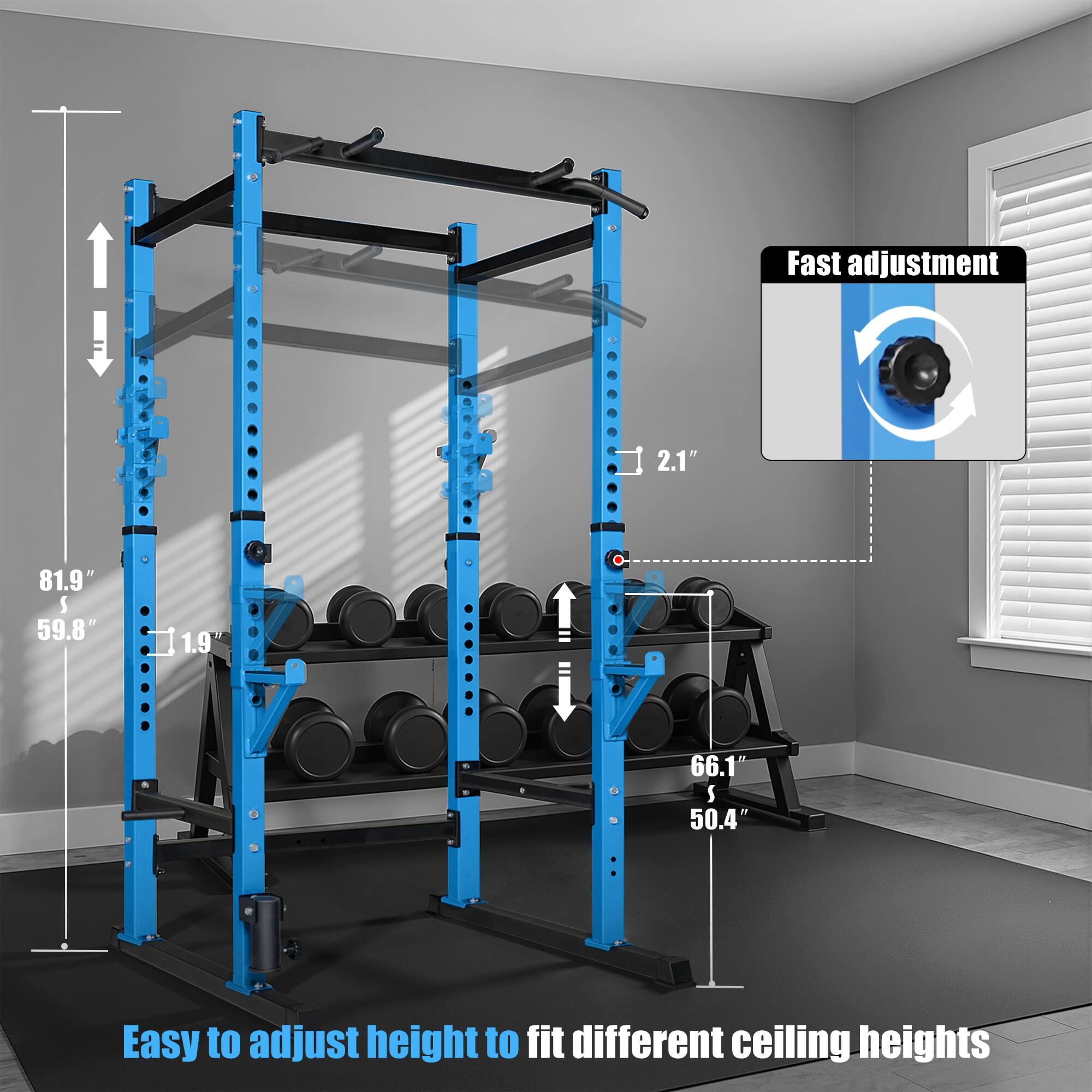 Fast adjustment  
2.1"  
81.9"  
59.8"  
1.9"  
66.1"  
50.4"  

Easy to adjust height to fit different ceiling heights