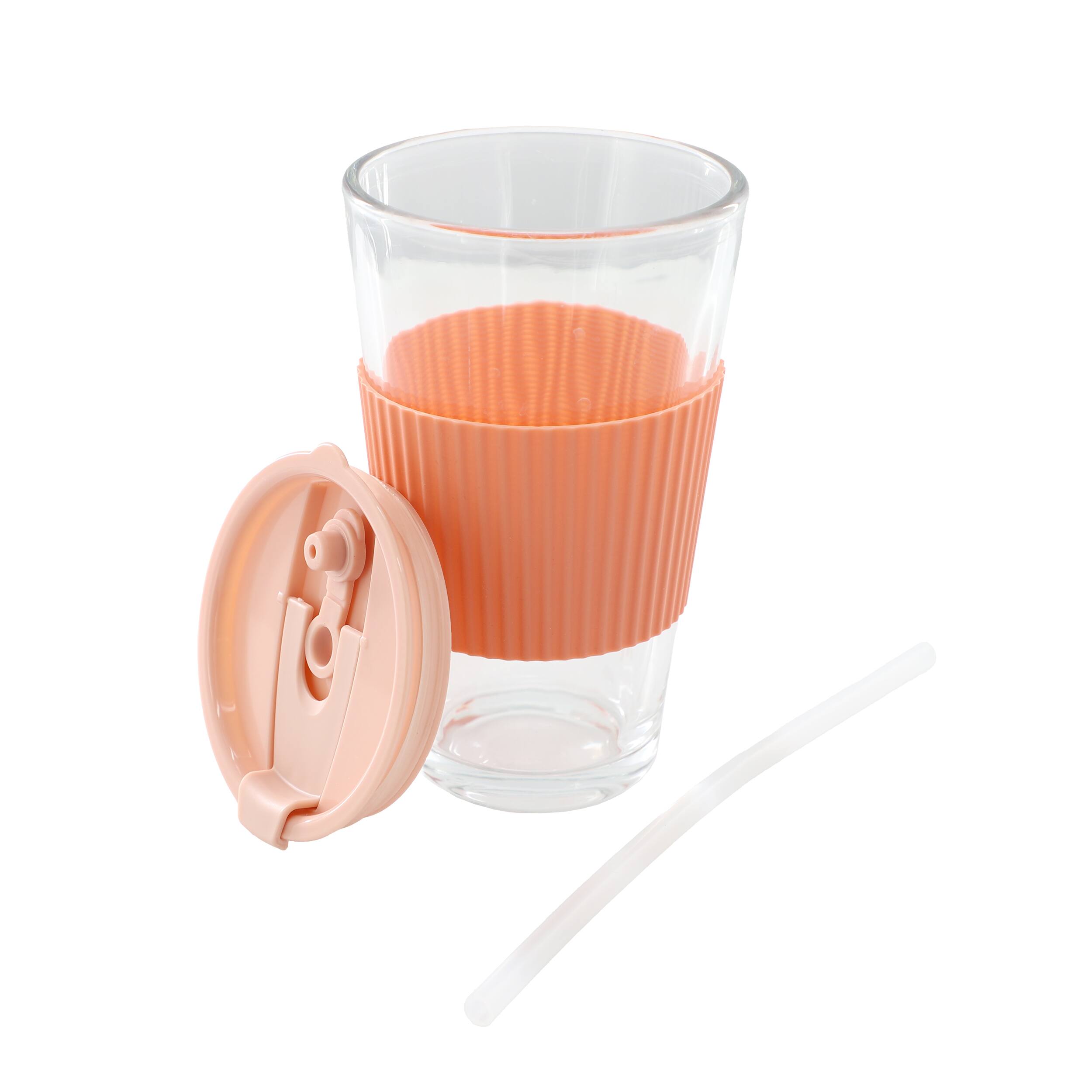 Alt View 2. Mr. Coffee - Mr. Coffee Sip Savvy 4 Piece 15 Ounce Silicone Sleeve Glass Cup Set w/ Lid and Straw in Pink - Peach.