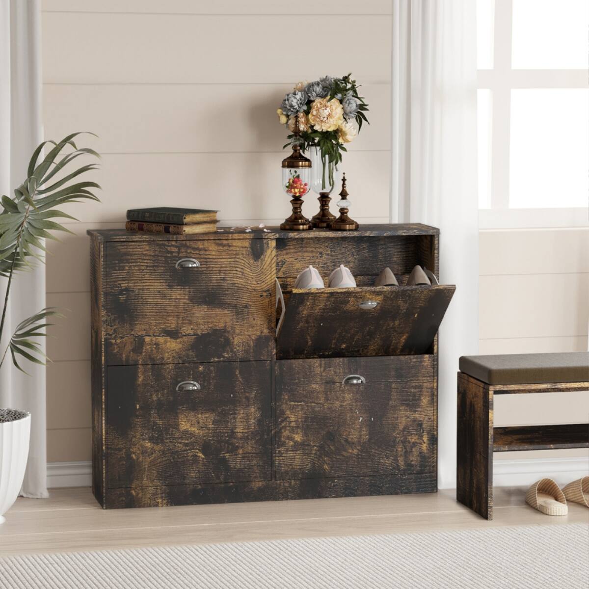 Alt View 1. HTUTWOO - Shoe Cabinet with 4 Flip-Top Drawers,Hidden Narrow Shoe Rack Cabinet for Entryway Hallway Bedroom, Family Use. - Brown.