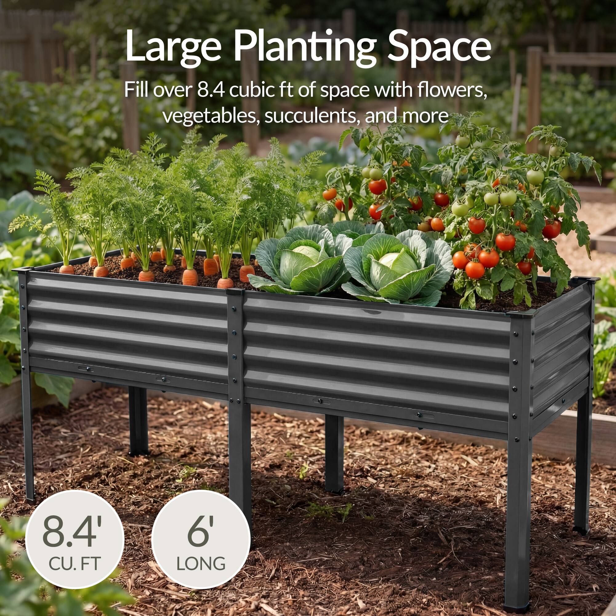 Large Planting Space  
Fill over 8.4 cubic ft of space with flowers, vegetables, succulents, and more  
8.4' CU. FT  
6' LONG