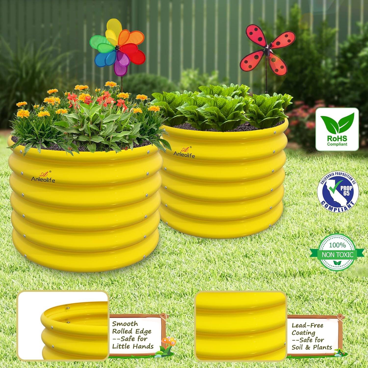 Anleolife  
RoHS Compliant  
CALIFORNIA PEAPOSITIONES PROP 65 COMPLIANT  
100% NON TOXIC  
Smooth Rolled Edge -- Safe for Little Hands  
Lead-Free Coating -- Safe for Soil & Plants