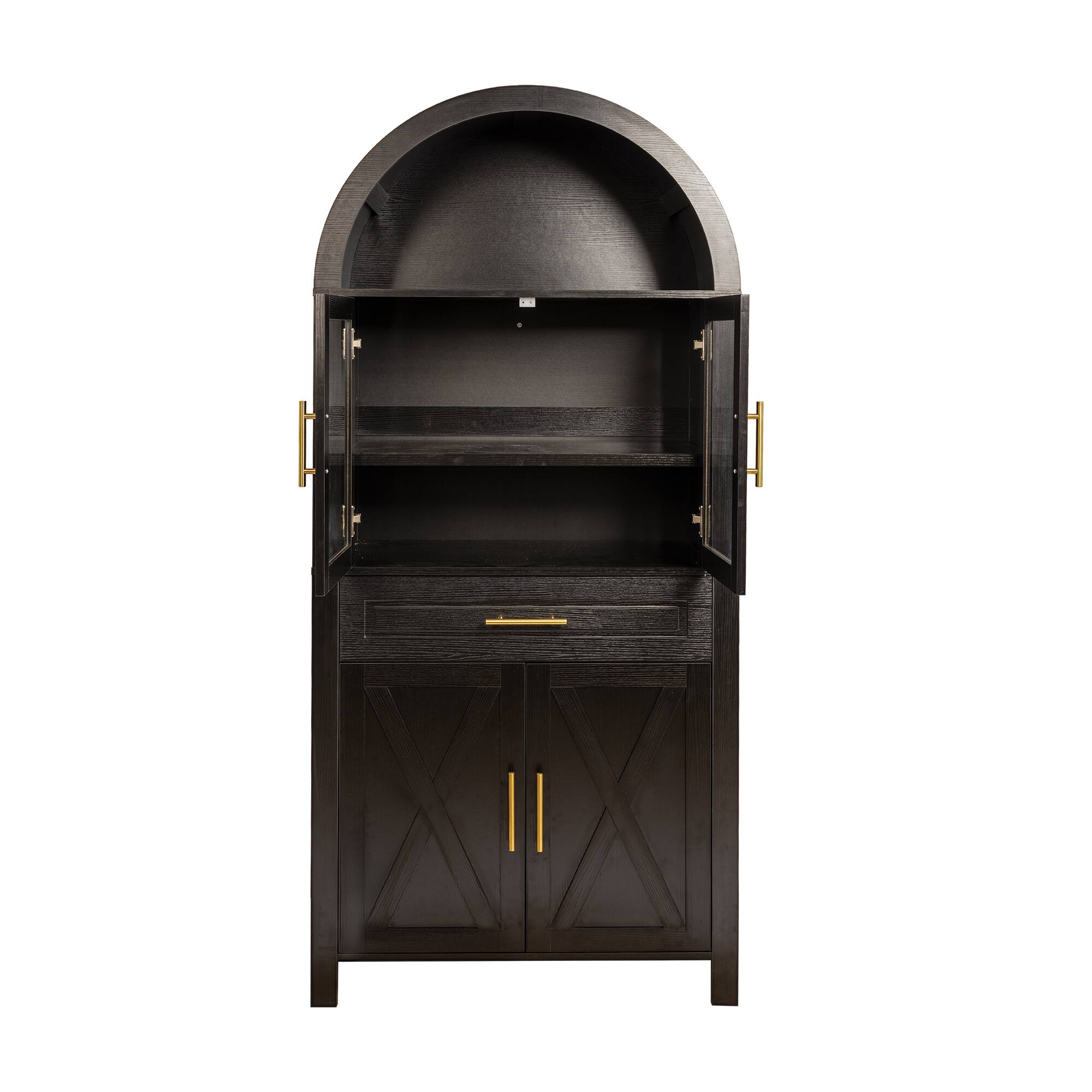 Alt View 10. Loheer - Loheer Kitchen Pantry Cabinet, 71in Black Arched Pantry Cabinet with Glass Doors, Drawer, Adjustable Shelves - Black.