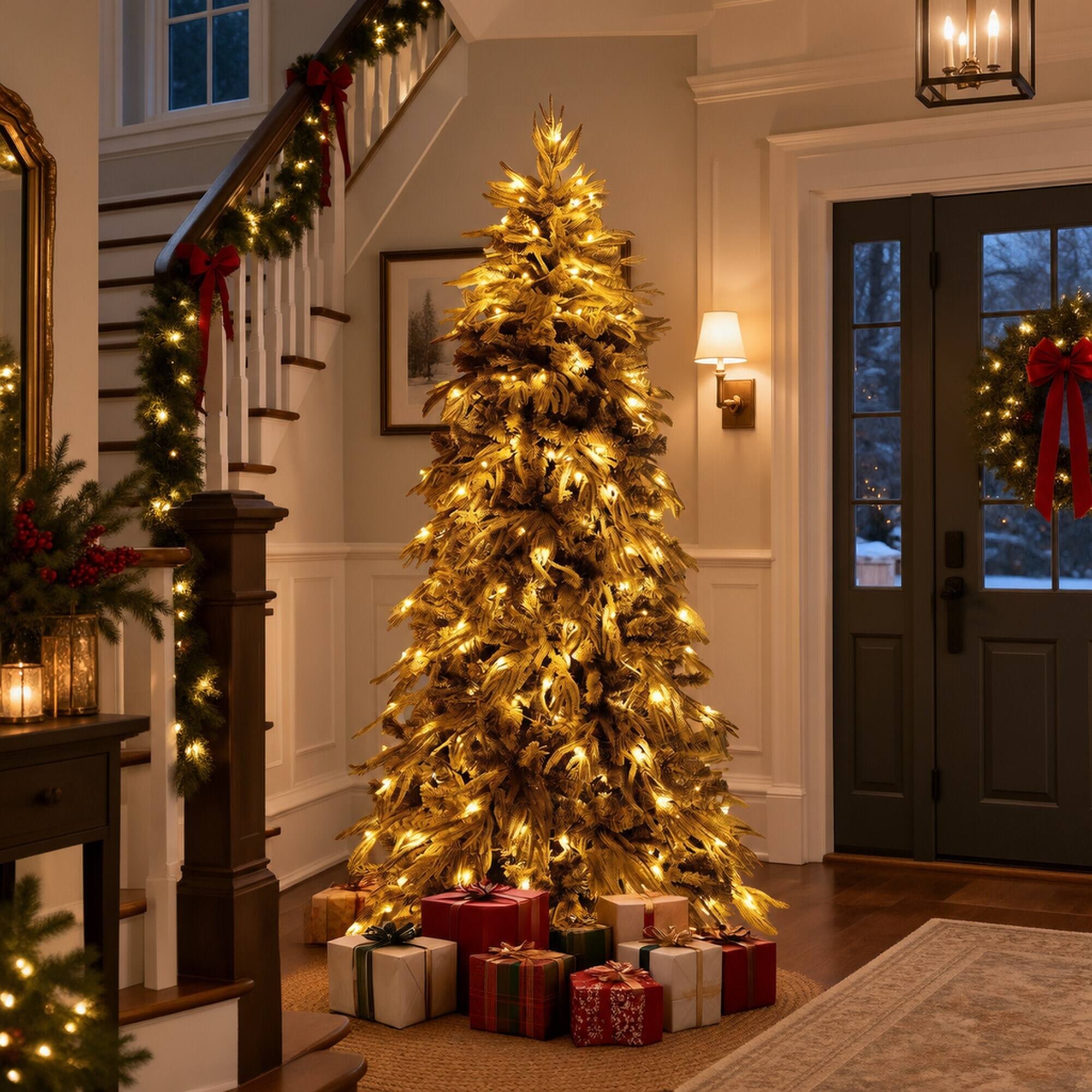 Alt View 1. RYHNUYNE - 7FT Pre-Lit Slim Flocked Christmas Tree With 250 Warm White LED Lights and 767 Tips, Metal Stand for Narrow Spaces - White.