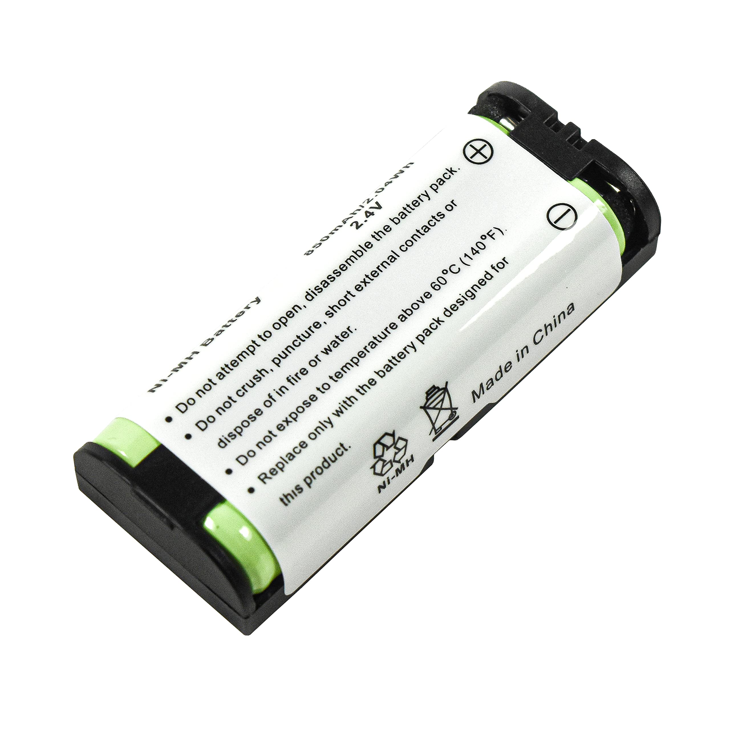 - Do not attempt to open, disassemble the battery pack.
- Do not crush, puncture, or expose to fire.
- Do not expose to temperature above 60°C (140°F).
- Do not dispose of in water.
- Replace only with the battery pack designed for this product.
- Made in China
- Ni-MH