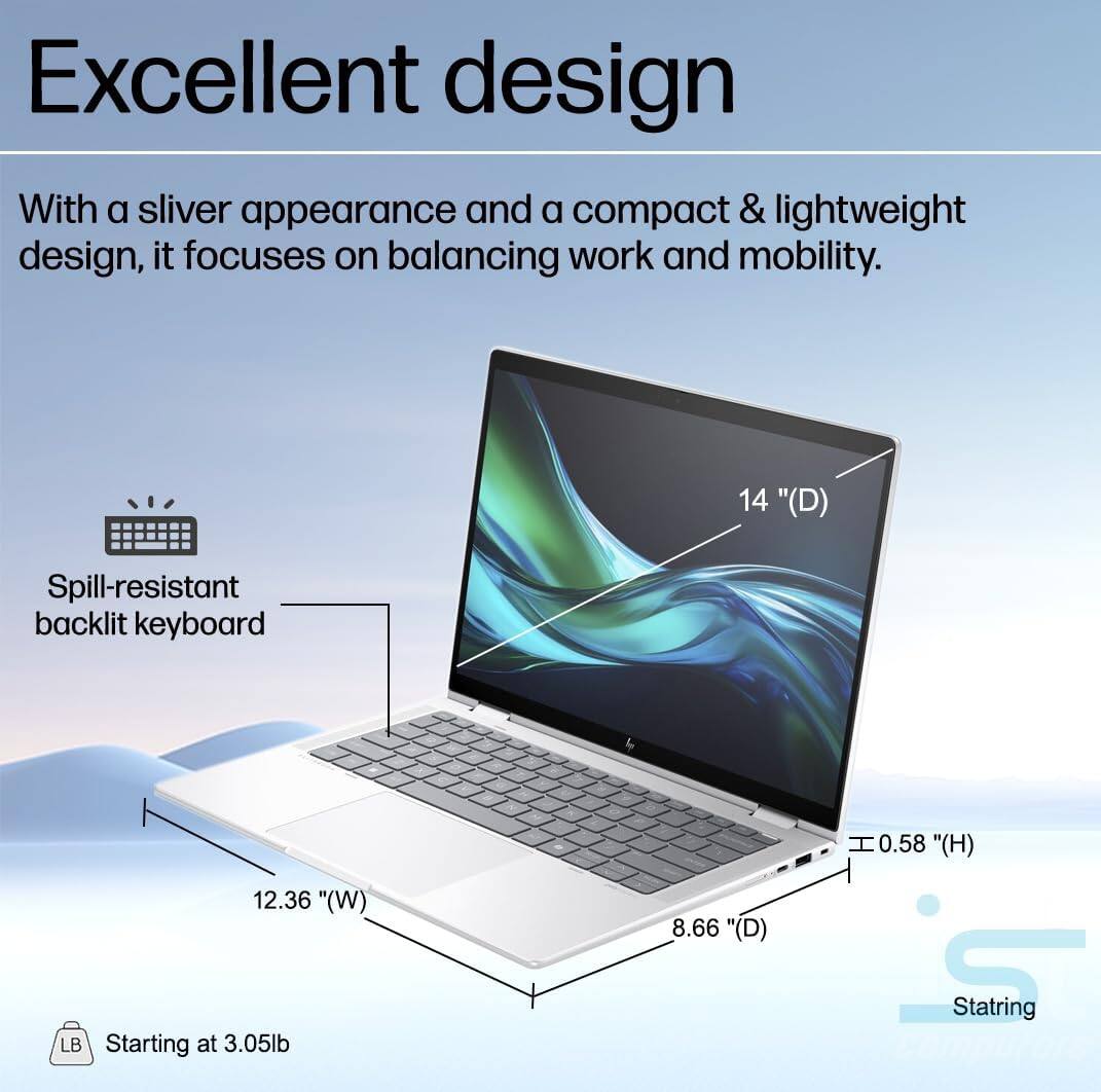Excellent design

With a silver appearance and a compact & lightweight design, it focuses on balancing work and mobility.

- 14" (D)
- 12.36" (W)
- 8.66" (D)
- 0.58" (H)
- Starting at 3.05lb

Spill-resistant backlit keyboard