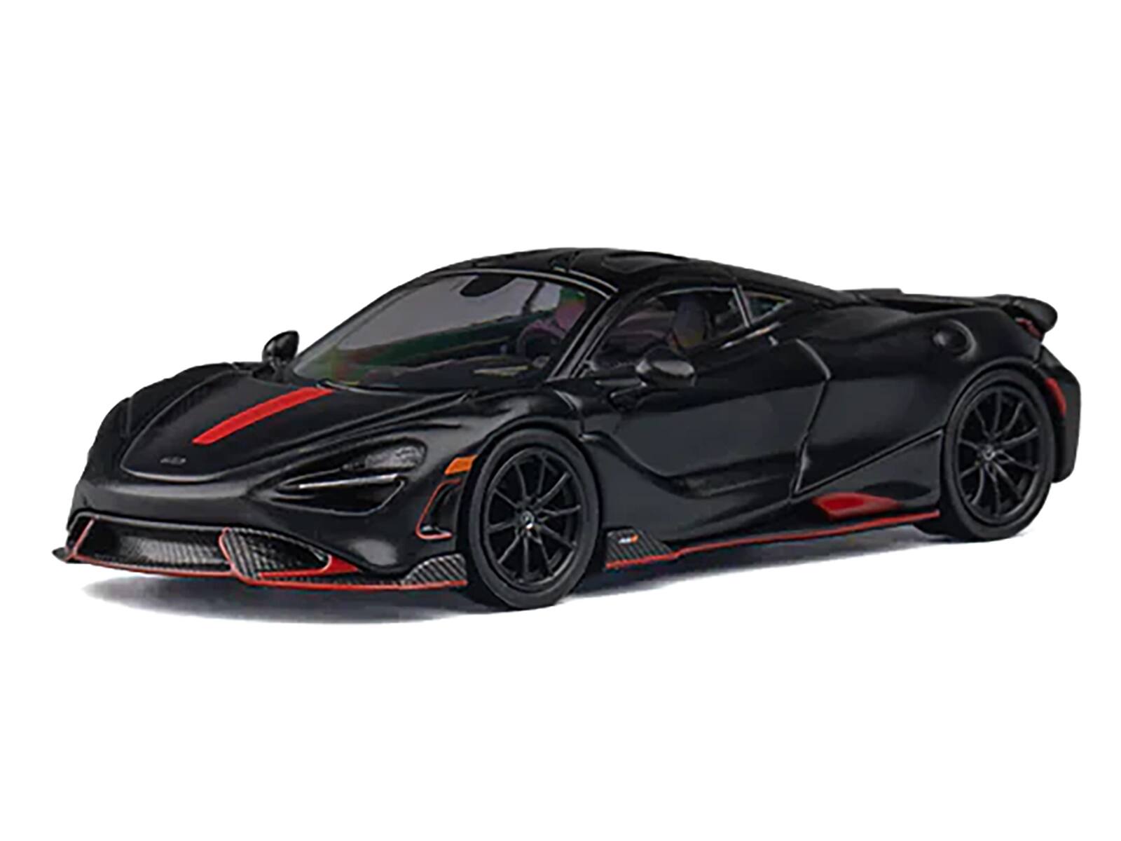 Angle. CM Models - McLaren 765LT Matt Black with Red Accents and Extra Wheels 1/64 Diecast Model Car by CM Model - Matt Black and Red.