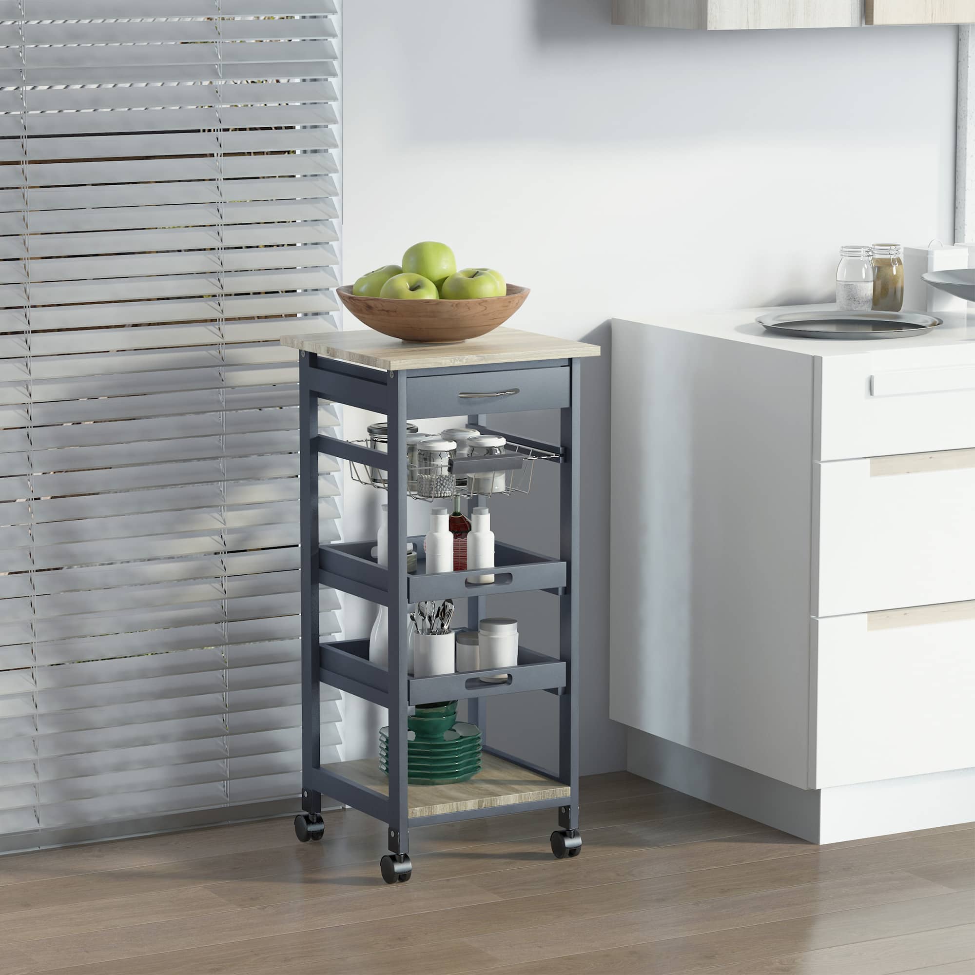 Homcom - Mobile Kitchen Cart, Rolling Kitchen Island with Storage, Solid Wood Frame Cart with Wire Fruit Basket, Trays and Drawer - Gray